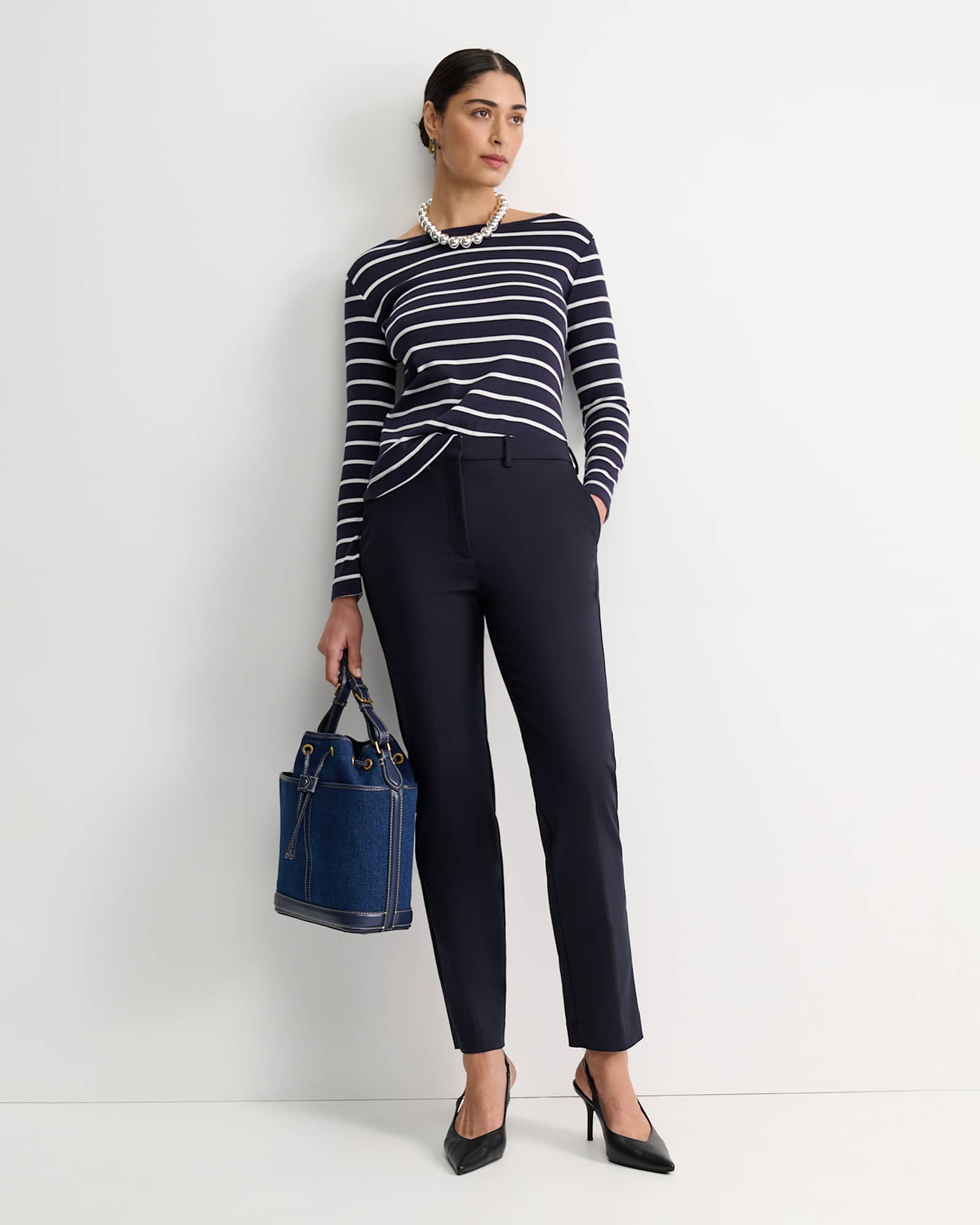 Heidi Long Sleeve Rib Tee in NAVY/WHITE