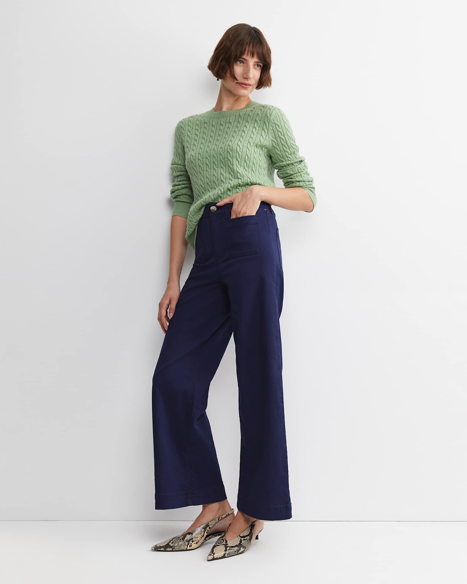 Merino Wool Baby Cable Sweater in PESTO