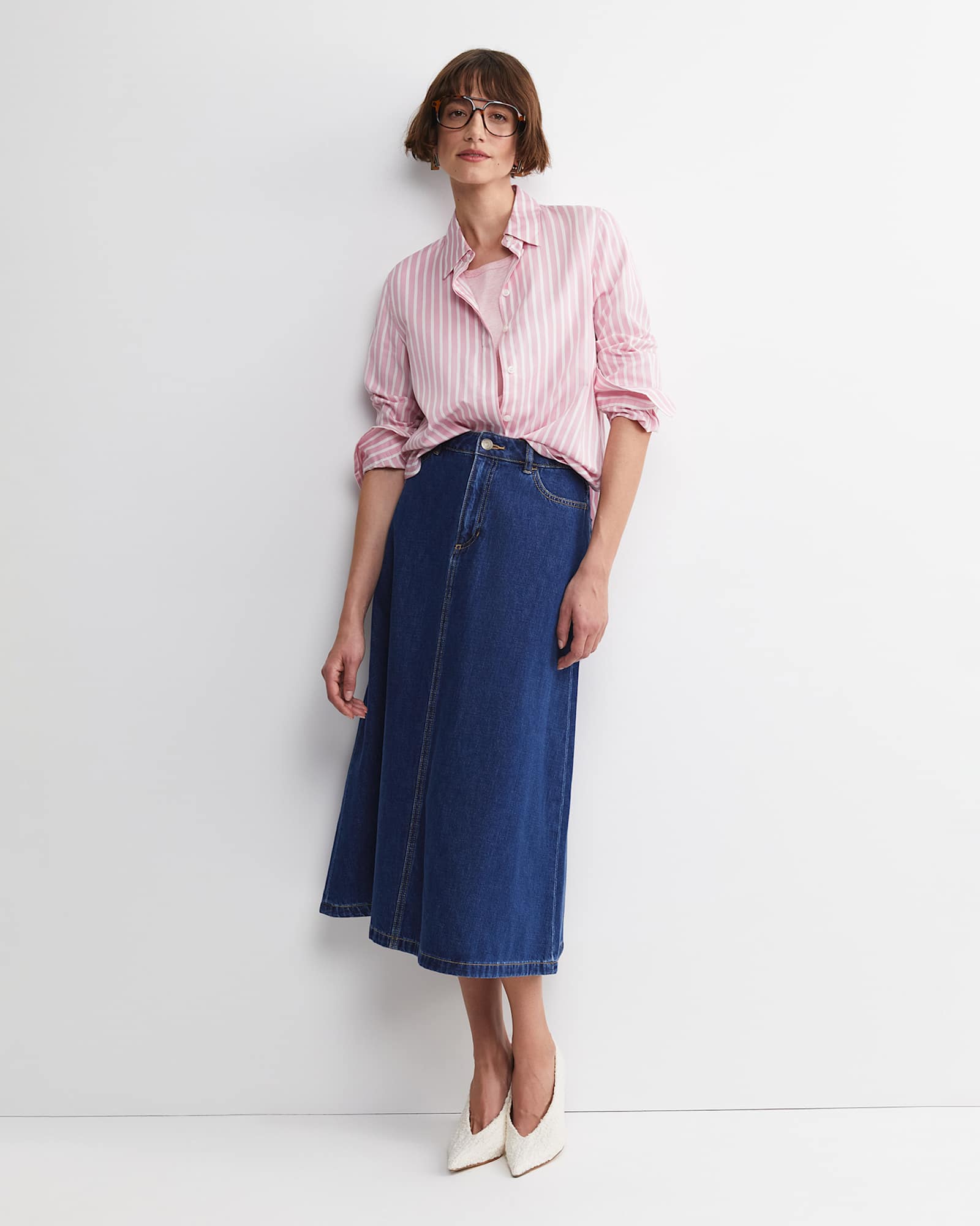 Hannah Stripe Cotton Silk Shirt in WHITE/PINK
