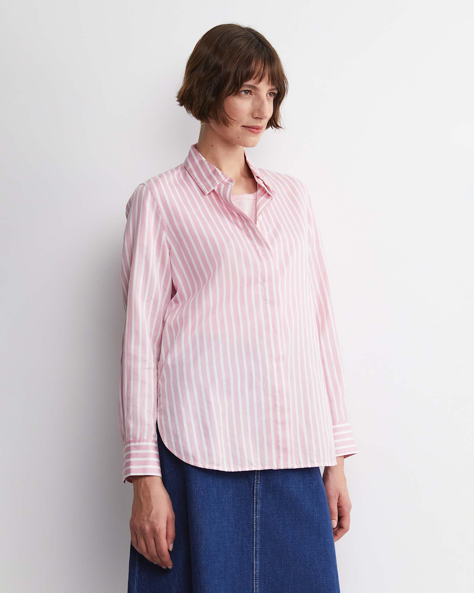 Hannah Stripe Cotton Silk Shirt in WHITE/PINK