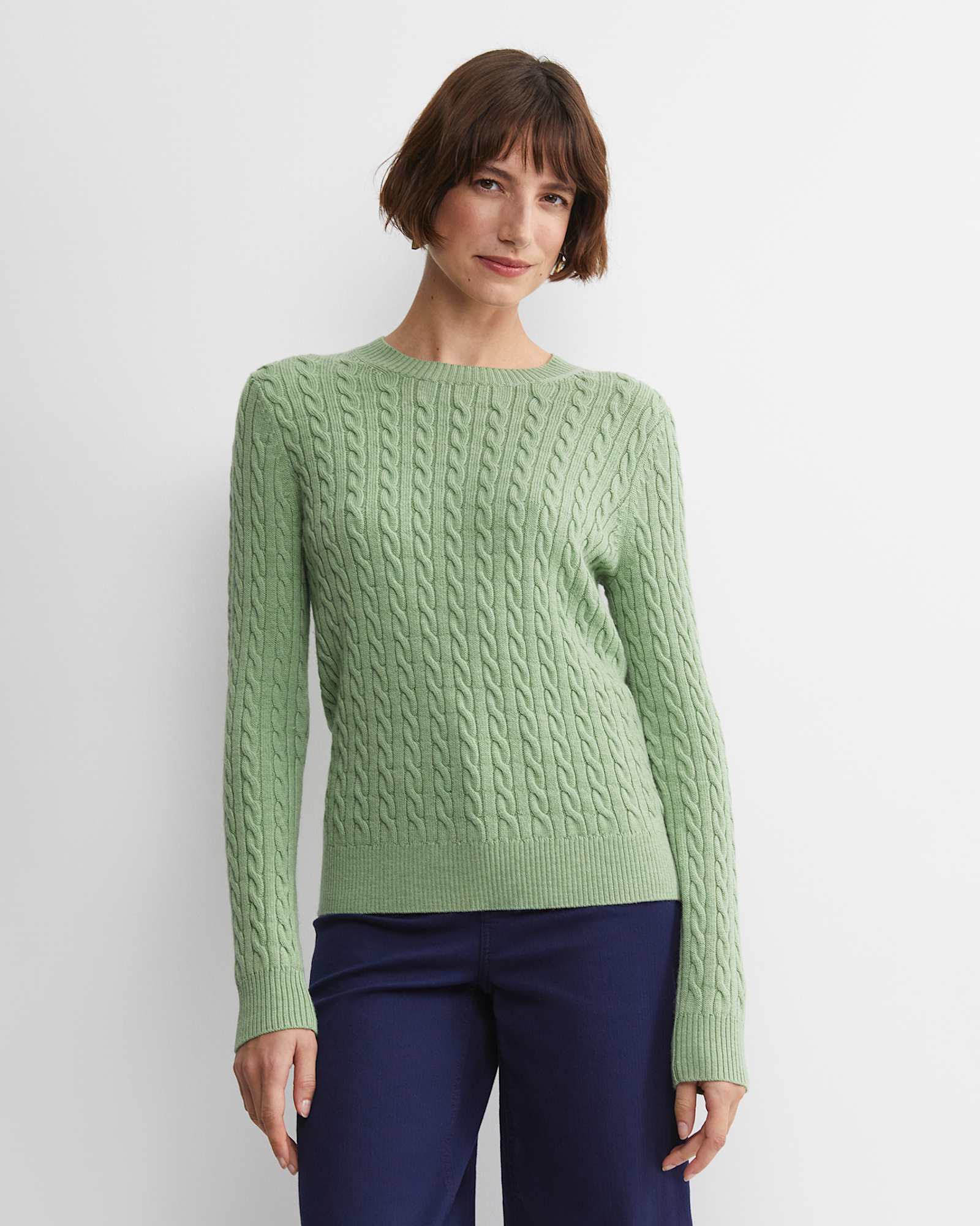 Merino Wool Baby Cable Sweater in PESTO