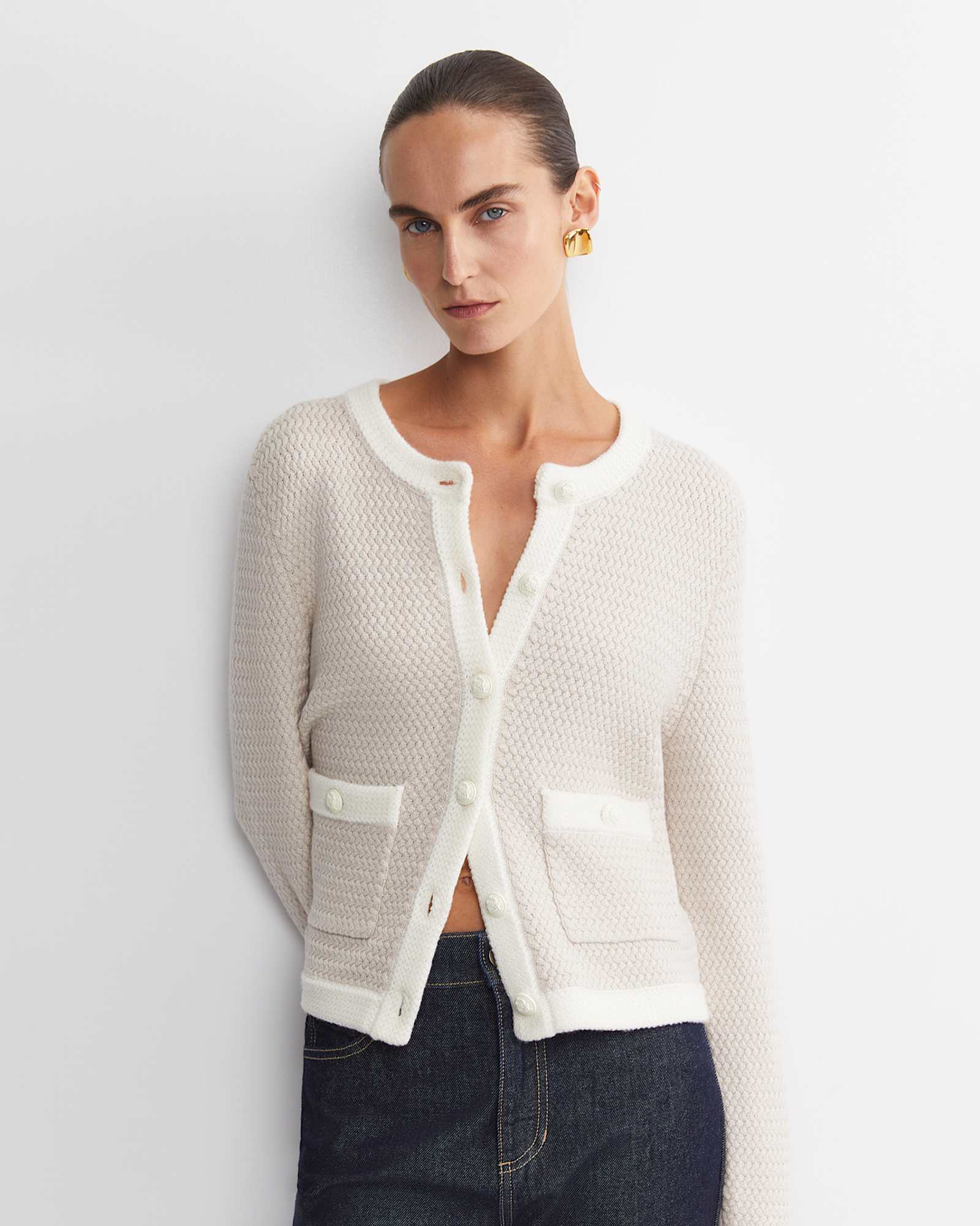 Joyce Merino Wool Cardigan in CHALK