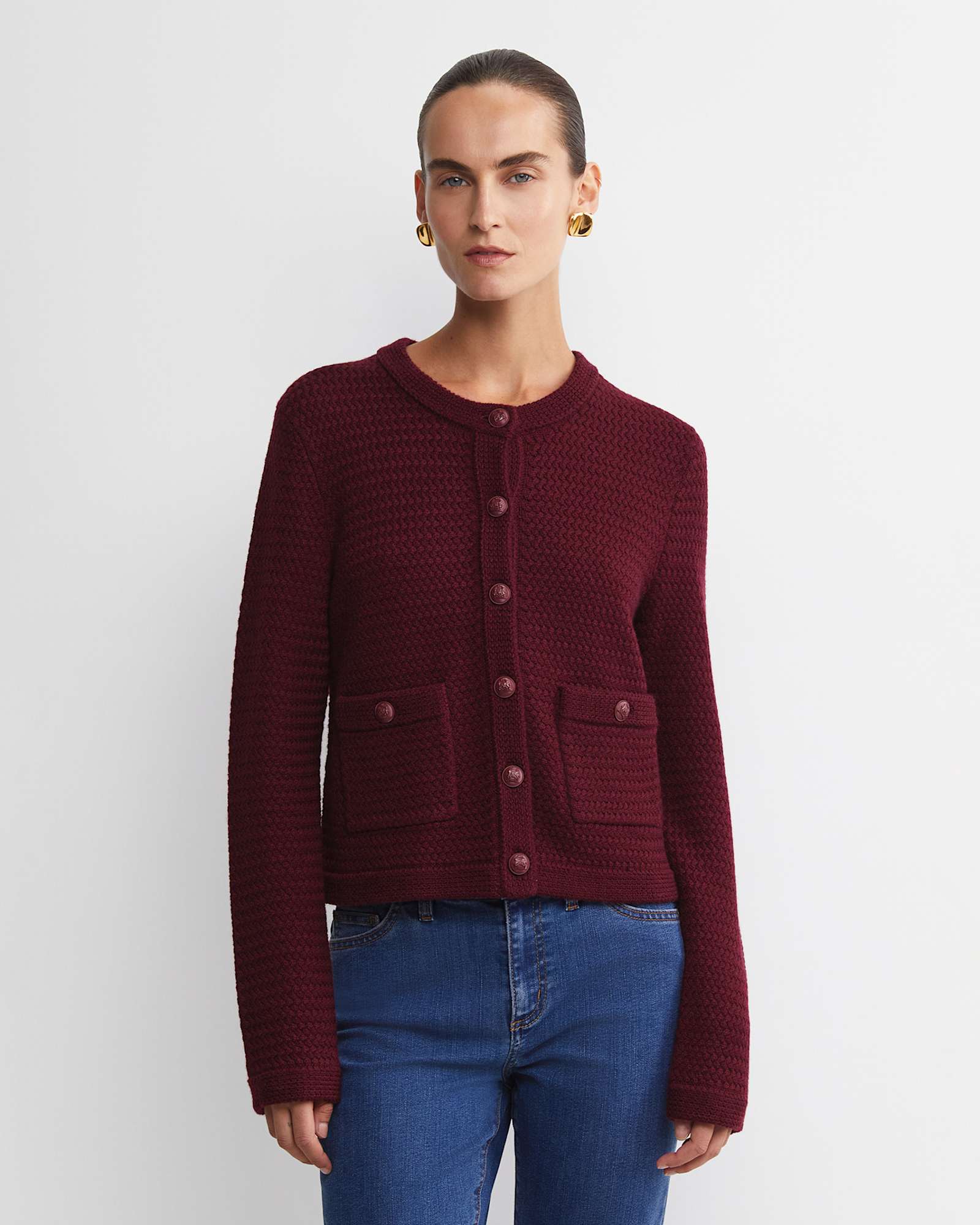 Joyce Merino Wool Cardigan in WINE