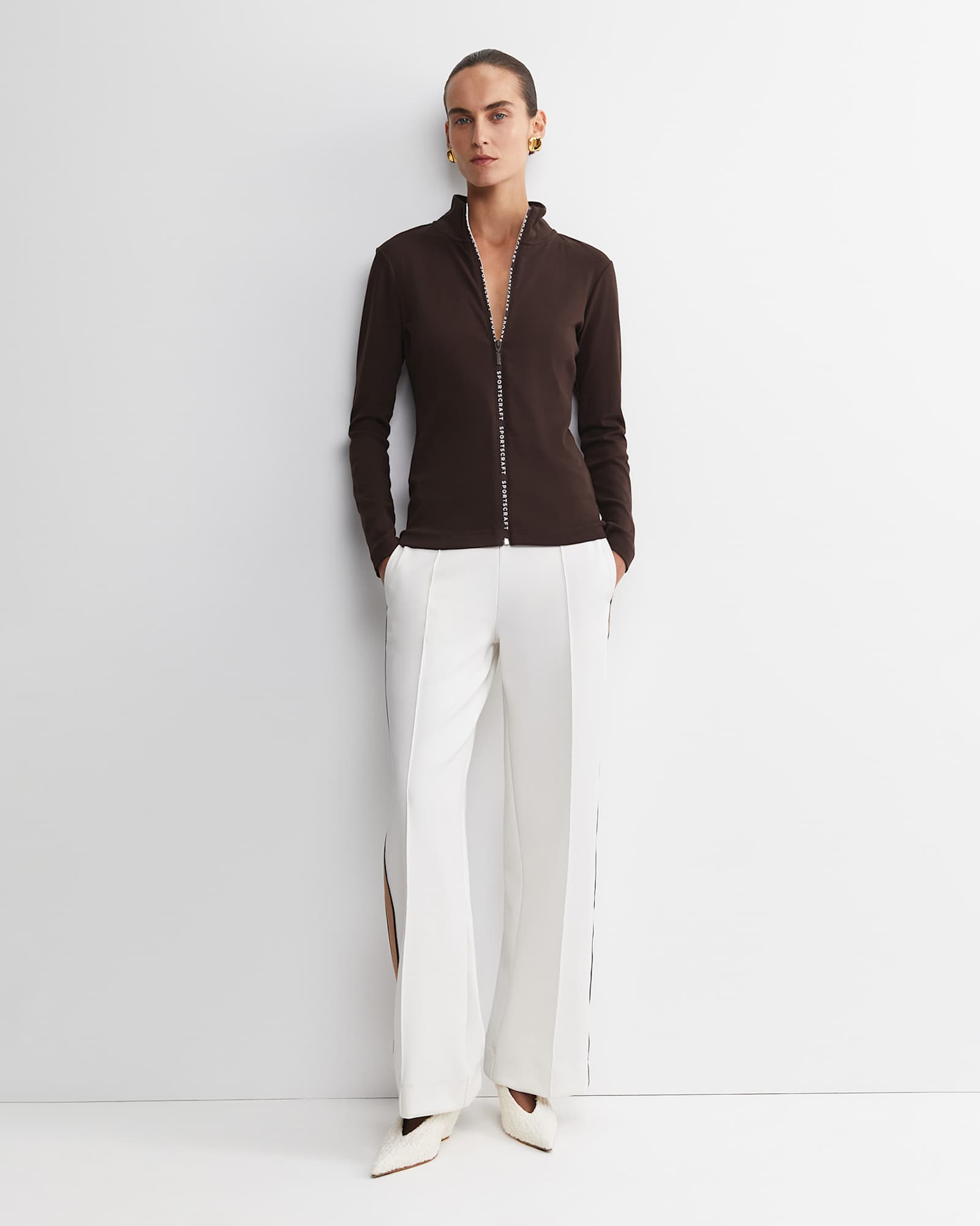 SC Zip Thru Funnel Neck Top in CHOCOLATE
