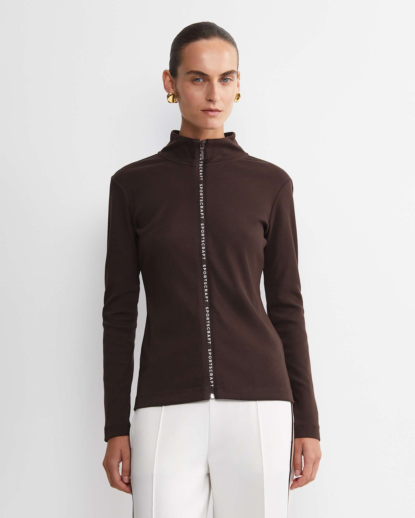 SC Zip Thru Funnel Neck Top in CHOCOLATE