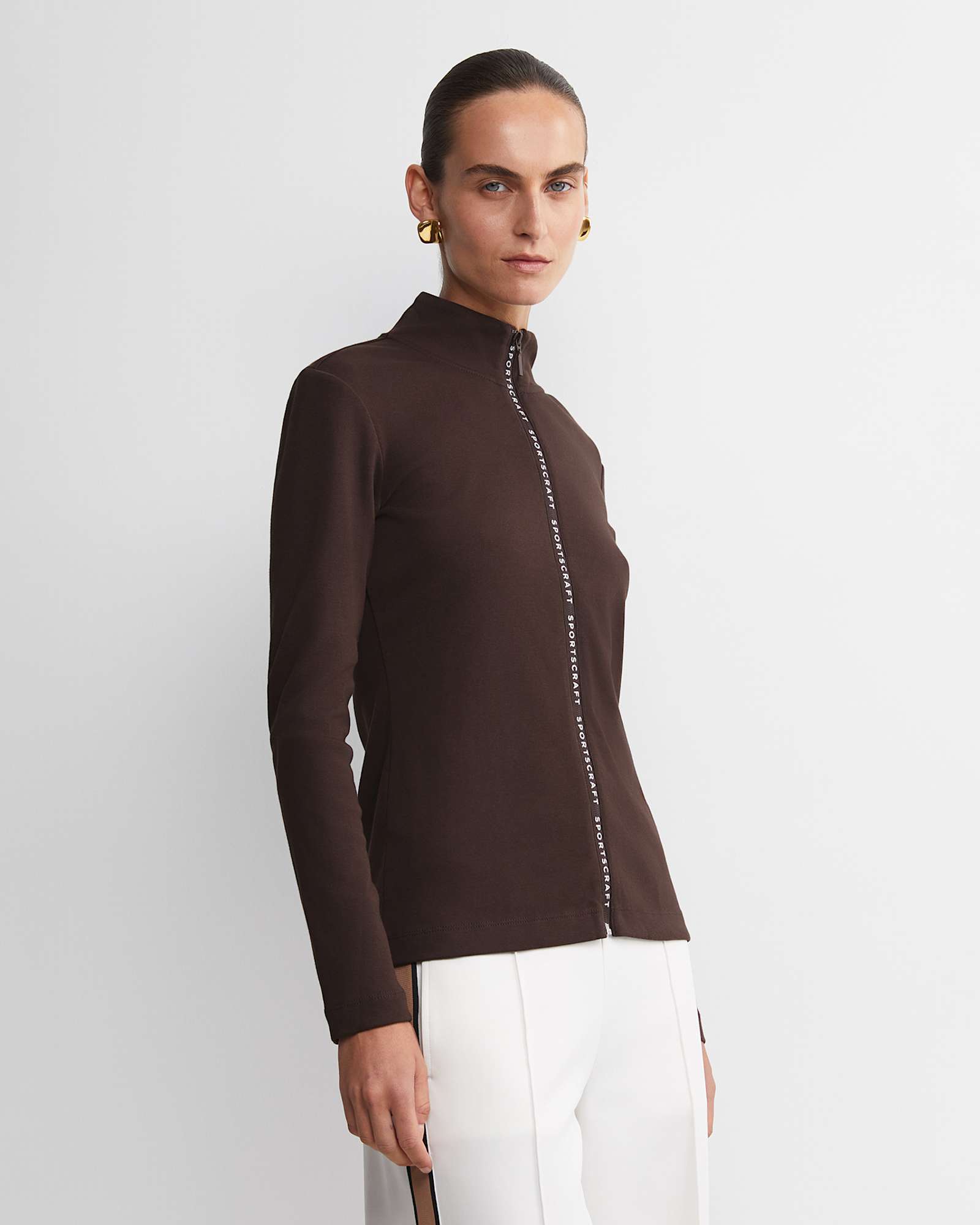 SC Zip Thru Funnel Neck Top in CHOCOLATE