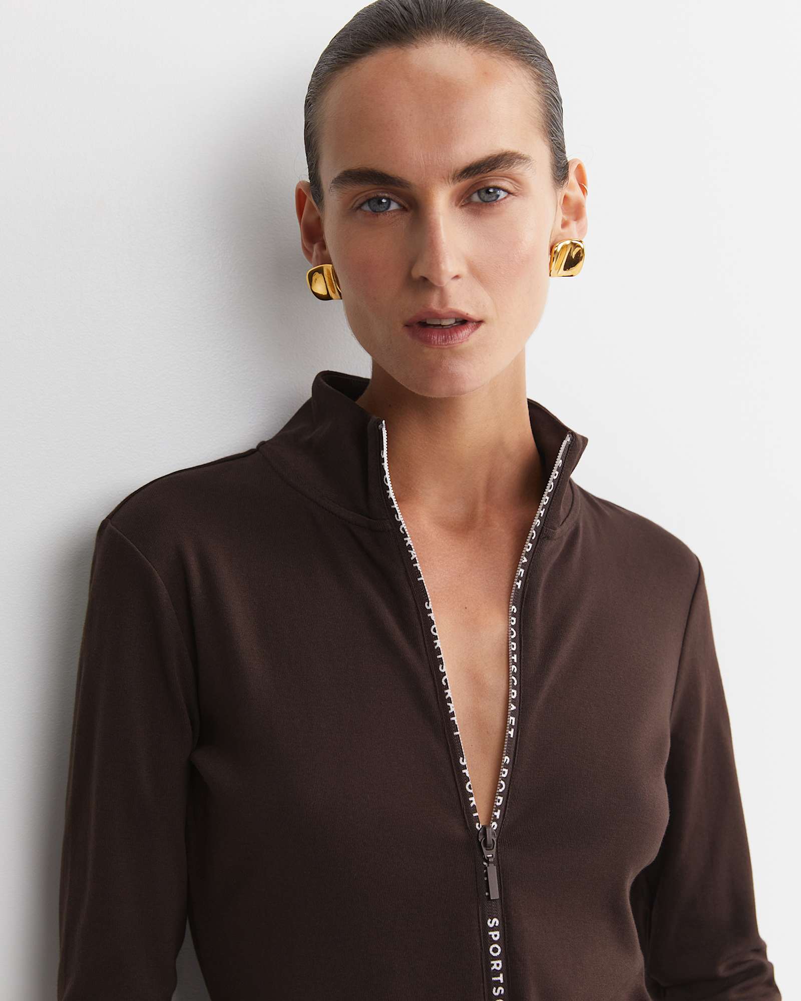SC Zip Thru Funnel Neck Top in CHOCOLATE
