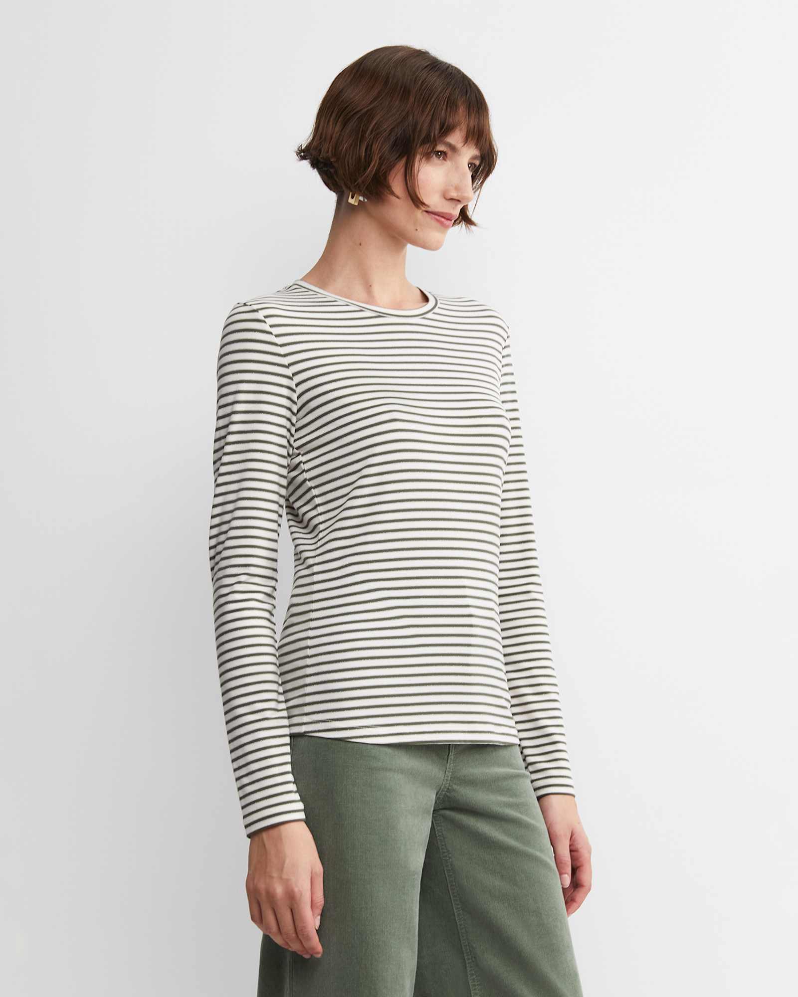 Stripe Lurex Long Sleeve Magic Tee in WHITE/KHAKI