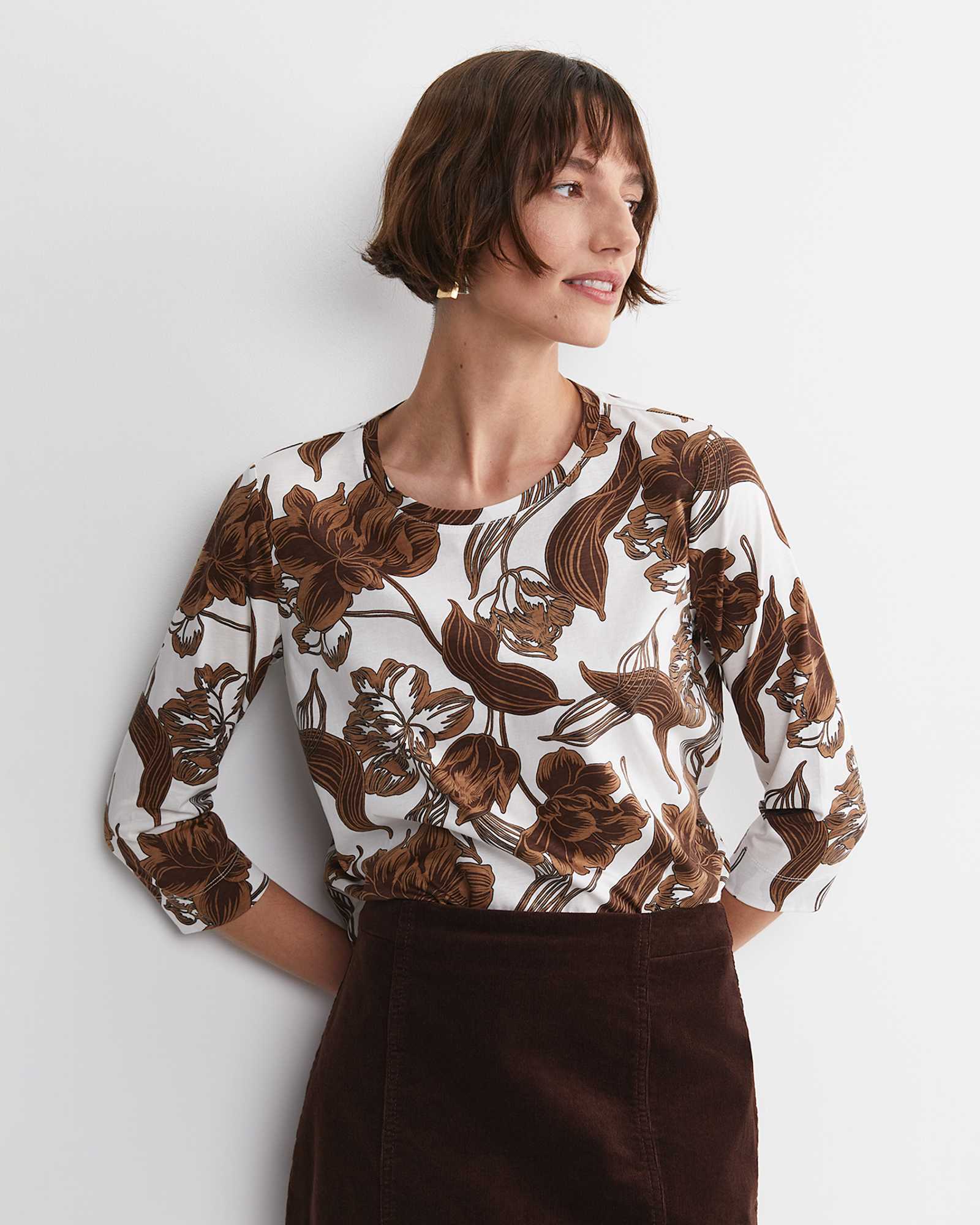 Zinnia Mercerised Tee in IVORY/BROWN