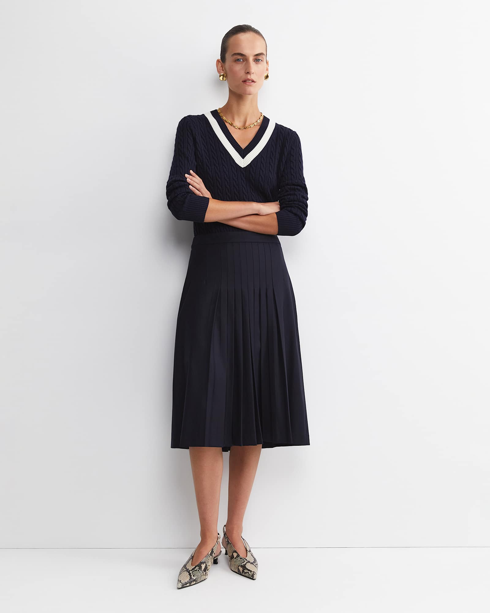 Wren Pleated Midi Skirt in NAVY