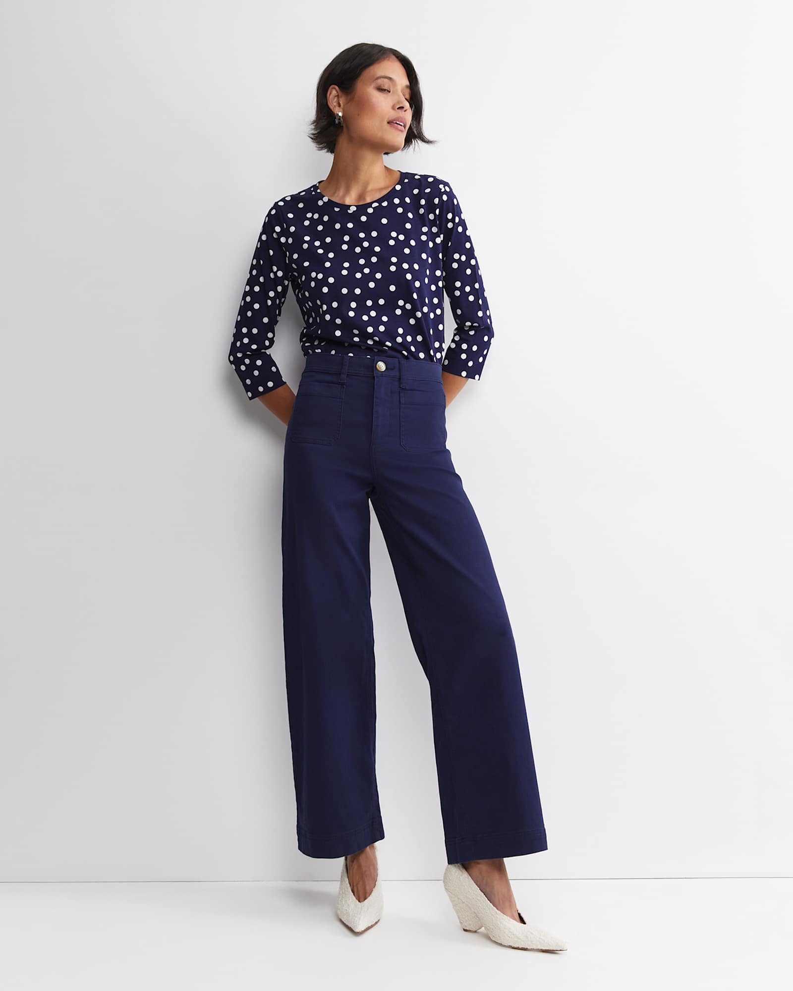Polka Mercerised Tee in WHITE/NAVY