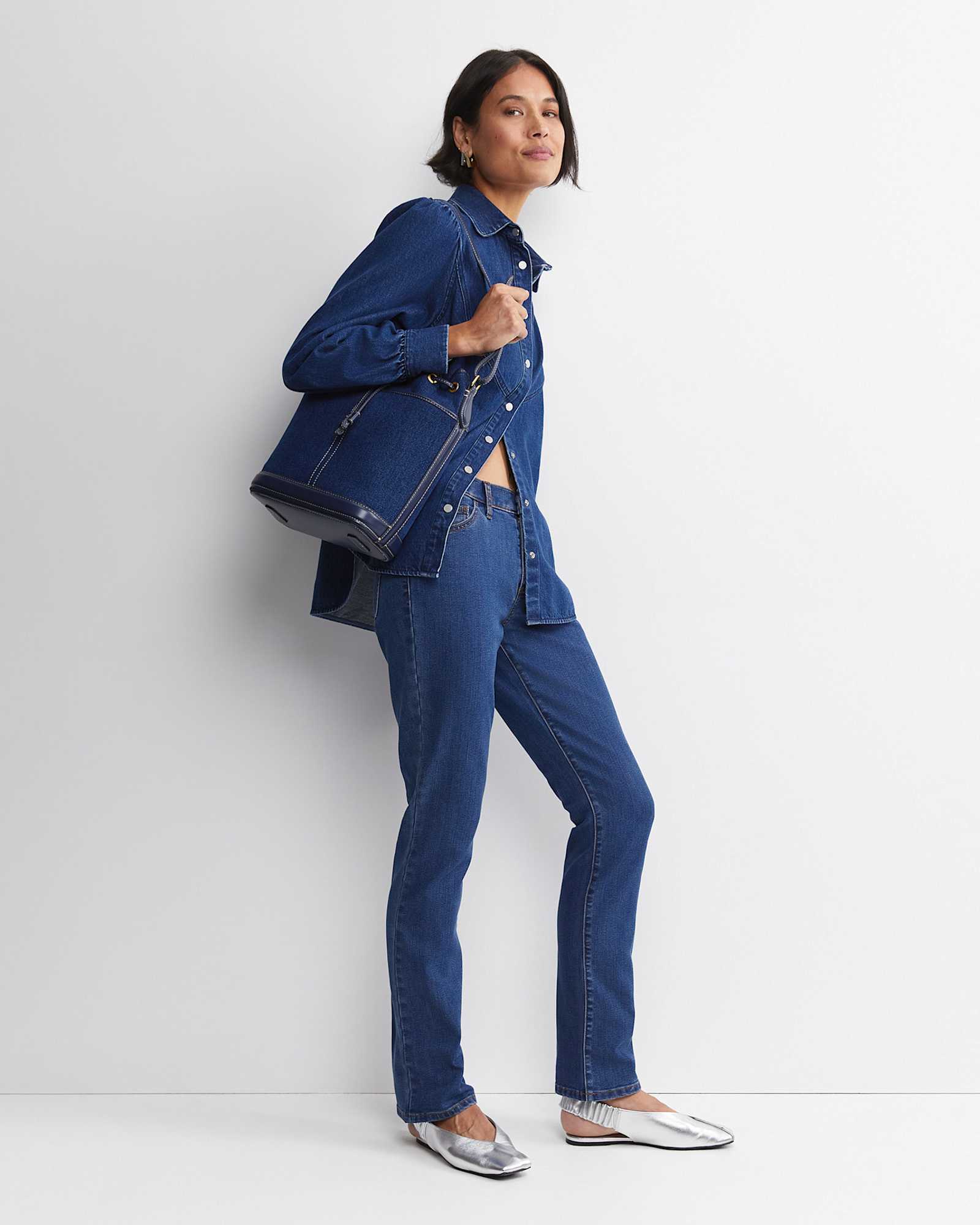 Kali Long Sleeve Denim Blouse in DENIM MID WASH
