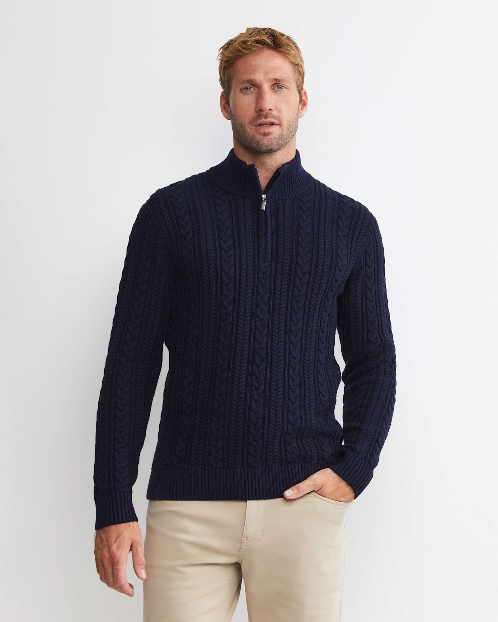 Joshua Cable Quarter Zip Knit in NAVY MELANGE