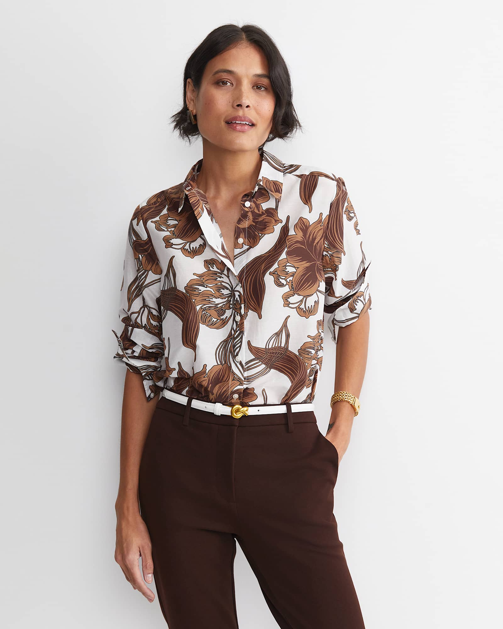 Zinnia Cotton Silk Shirt in IVORY/BROWN