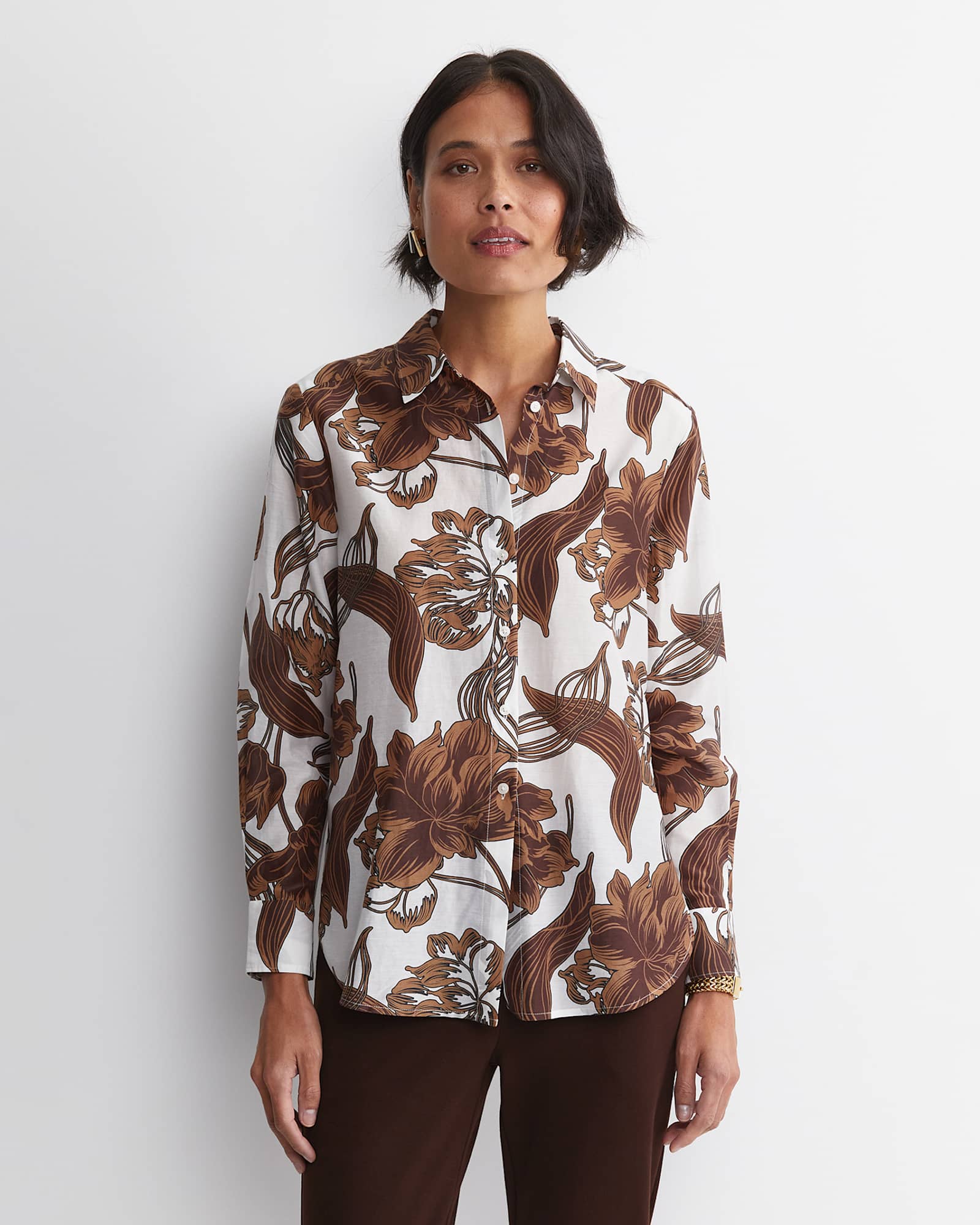 Zinnia Cotton Silk Shirt in IVORY/BROWN