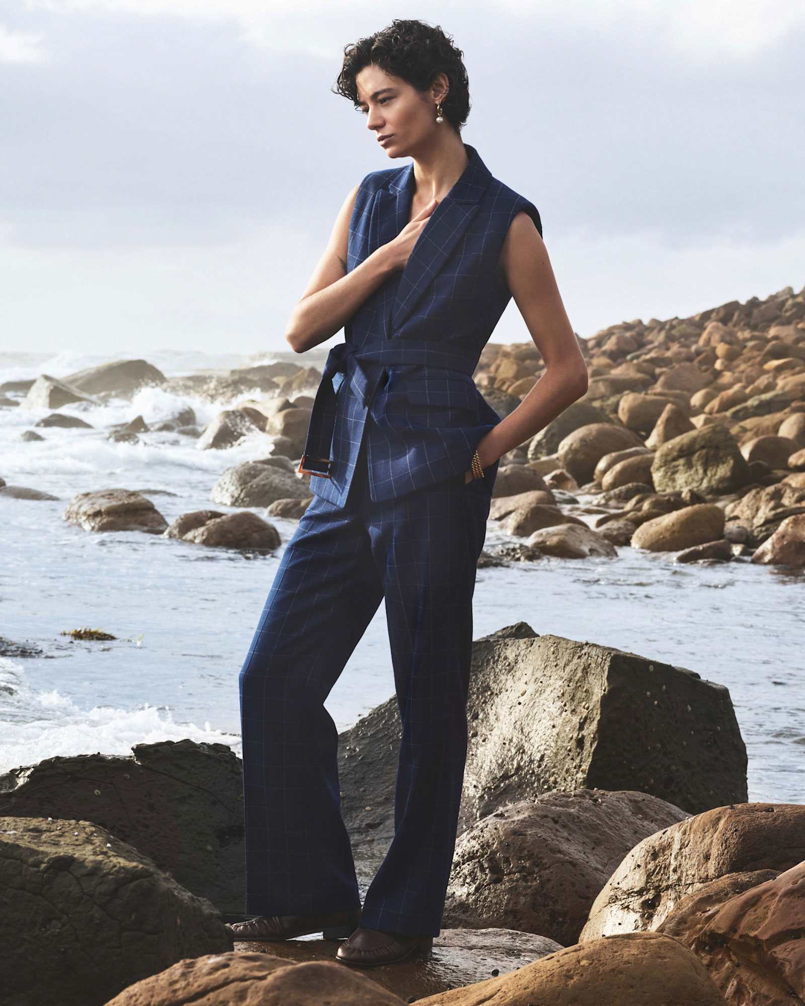 Chiara Check Straight Pant in NAVY