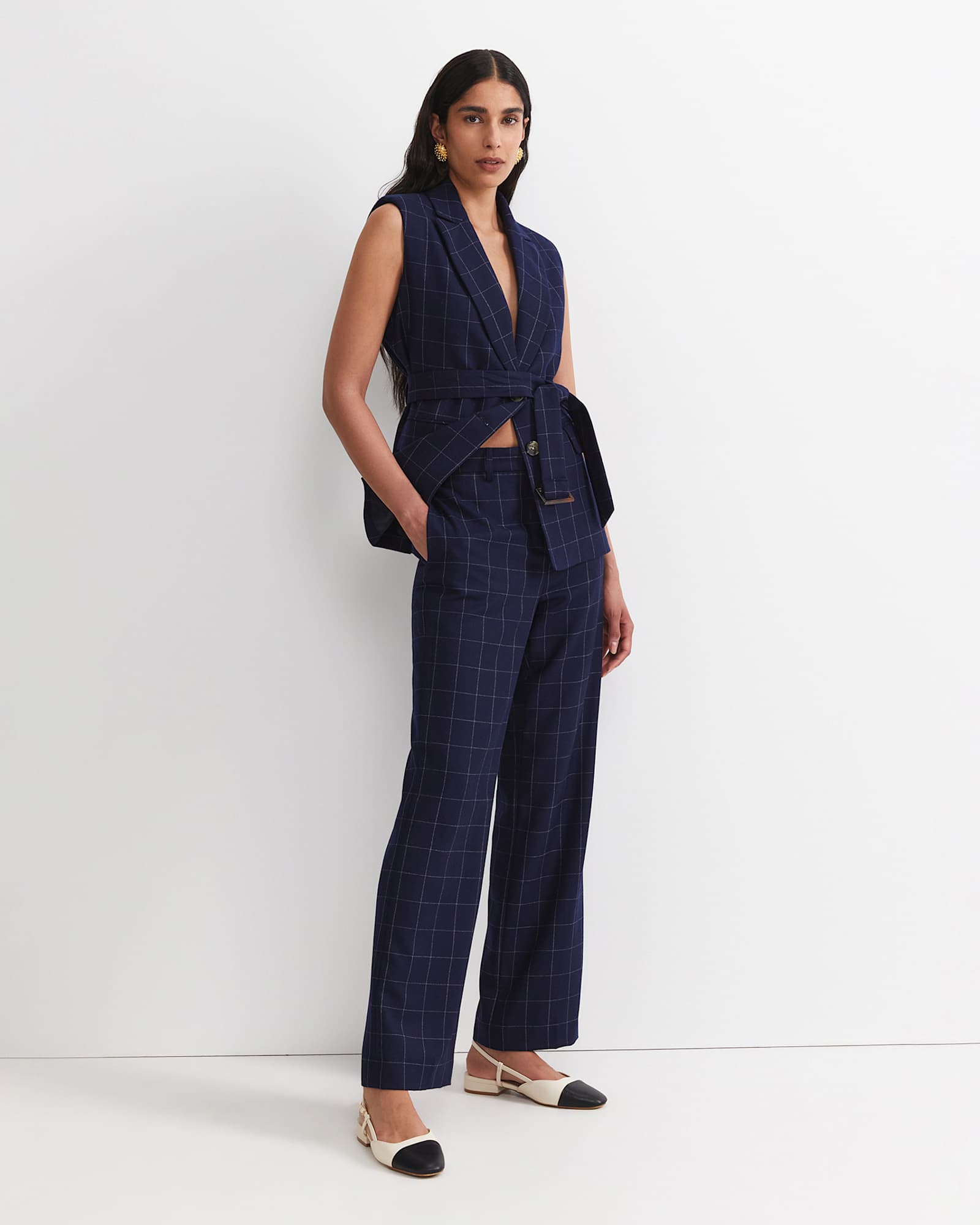 Chiara Check Straight Pant in NAVY