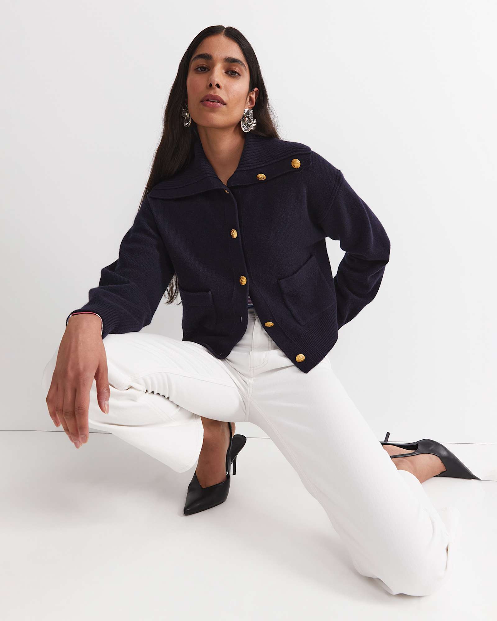 Sunshine Collared Merino Cardigan in NAVY