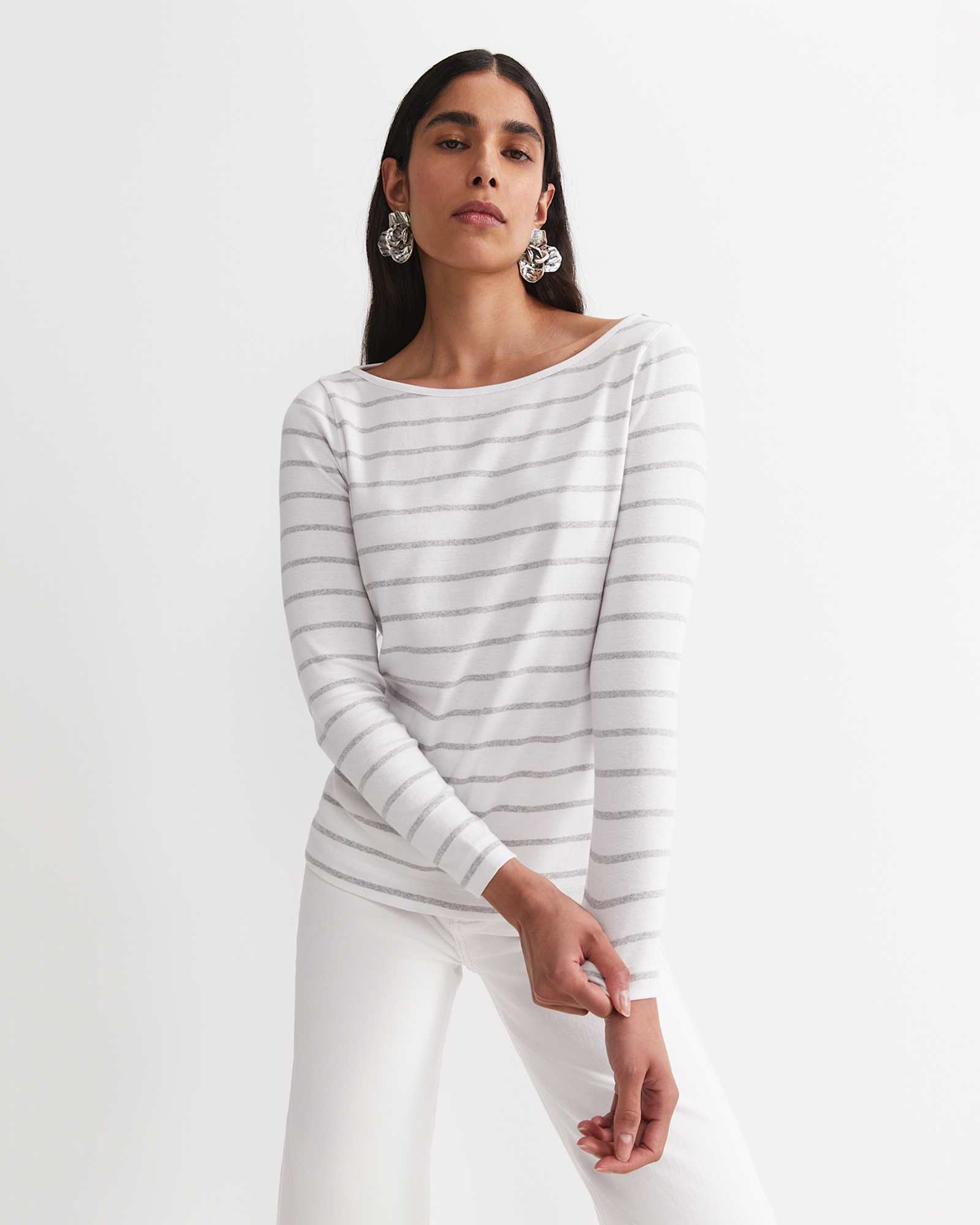 Heidi Long Sleeve Rib Tee in WHITE/GREY MELANGE