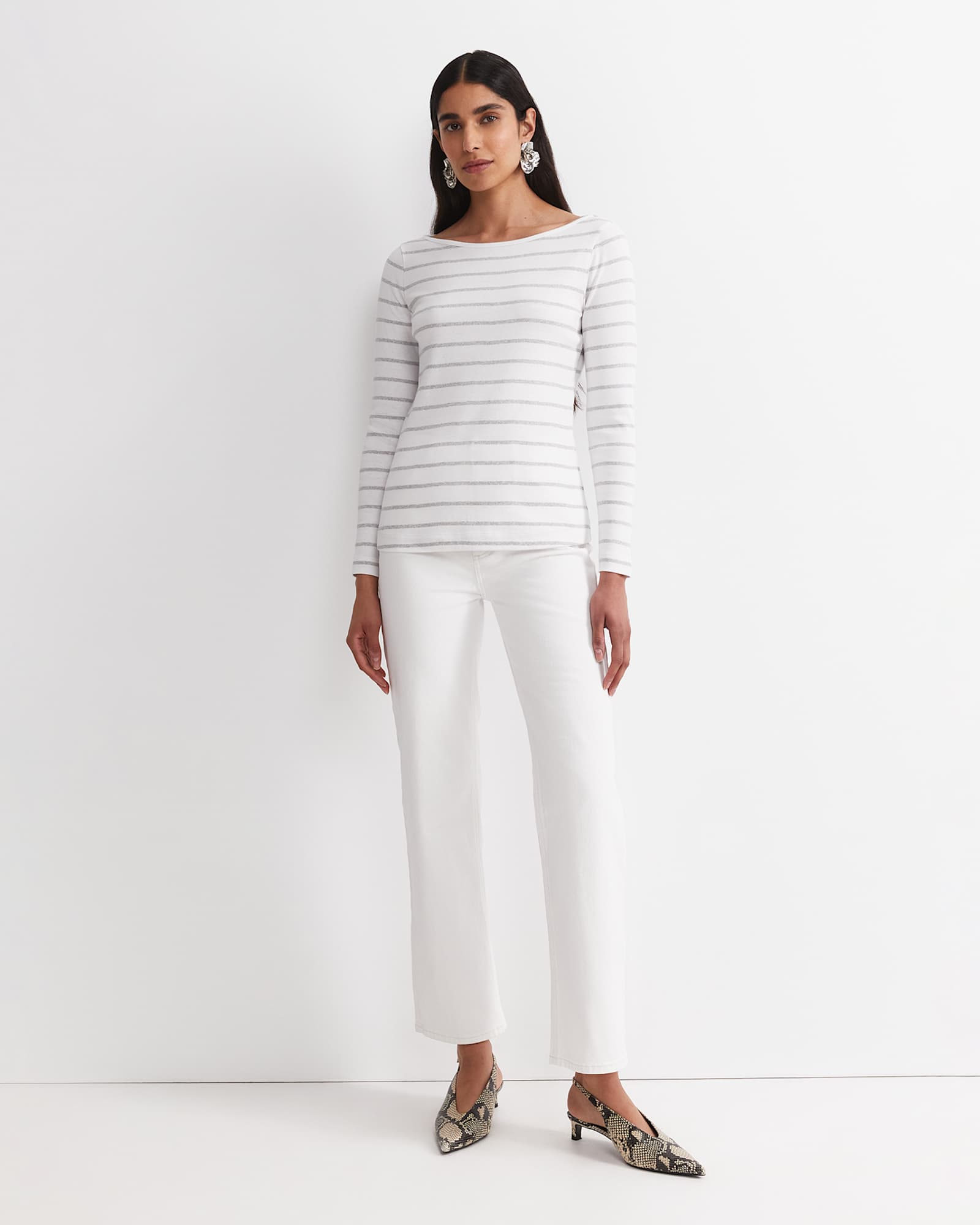 Heidi Long Sleeve Rib Tee in WHITE/GREY MELANGE