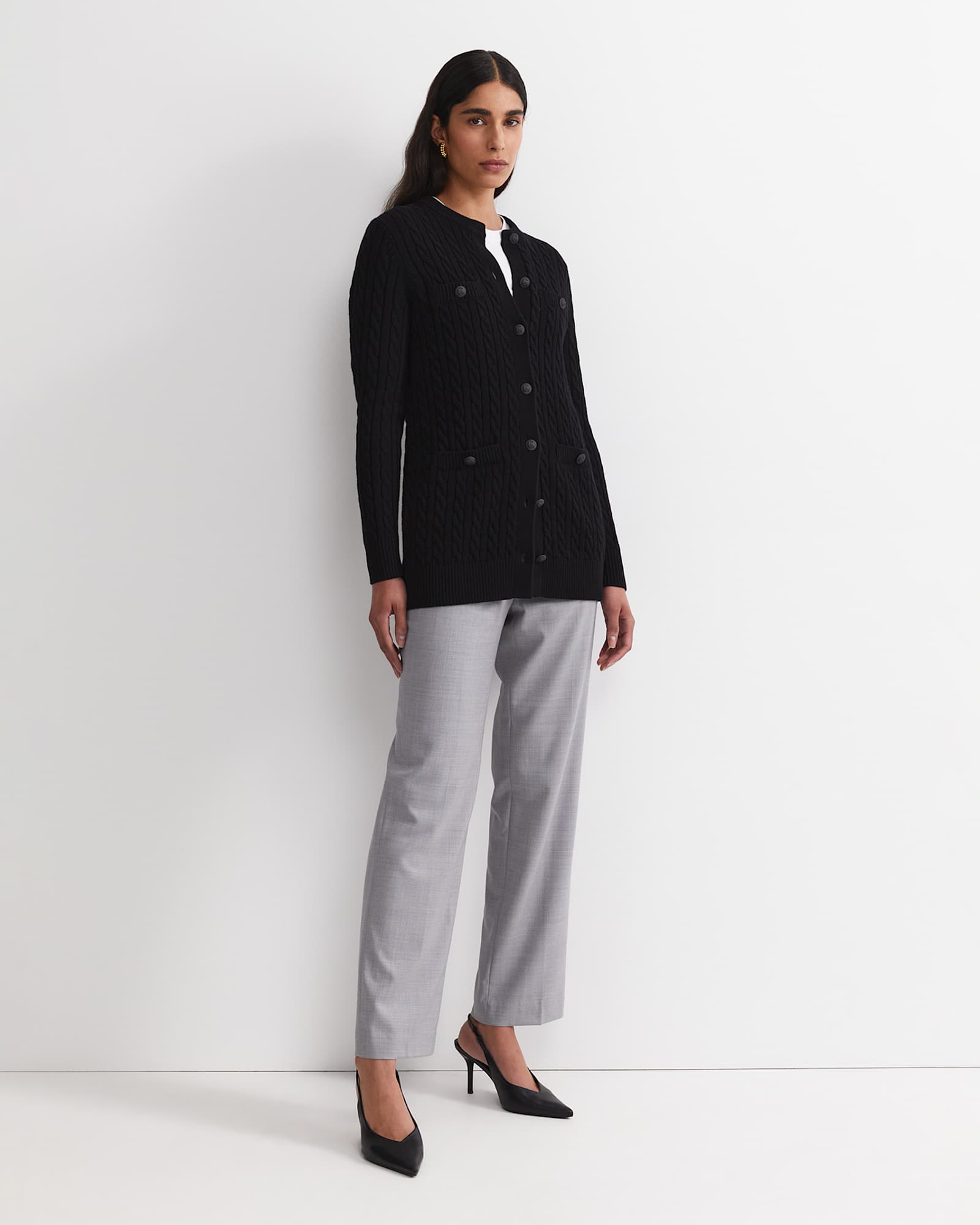 Longline Merino Blend Cable Cardigan in BLACK