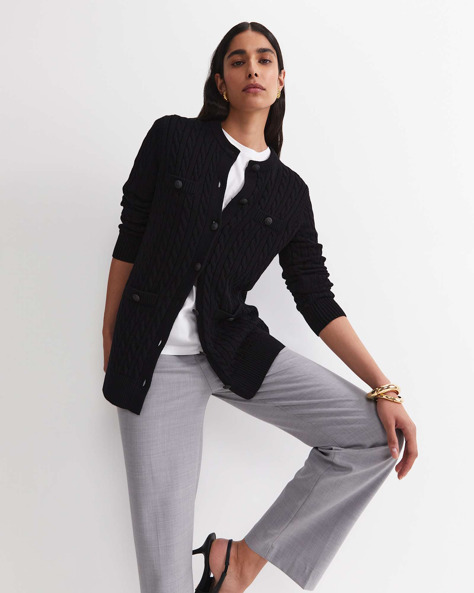 Longline Merino Blend Cable Cardigan in BLACK