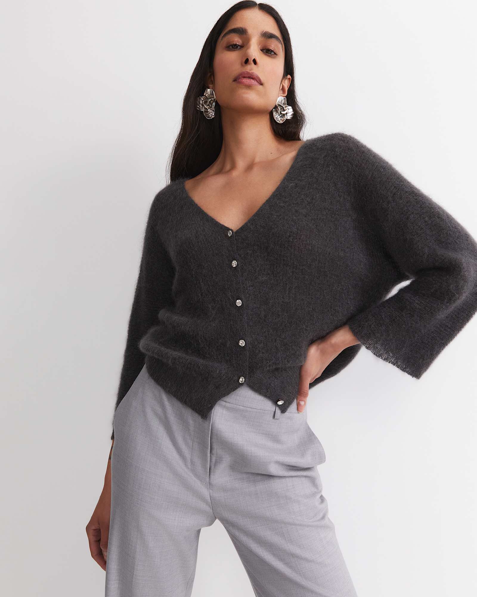 Tatiana Mohair Cropped Cardigan in CHARCOAL