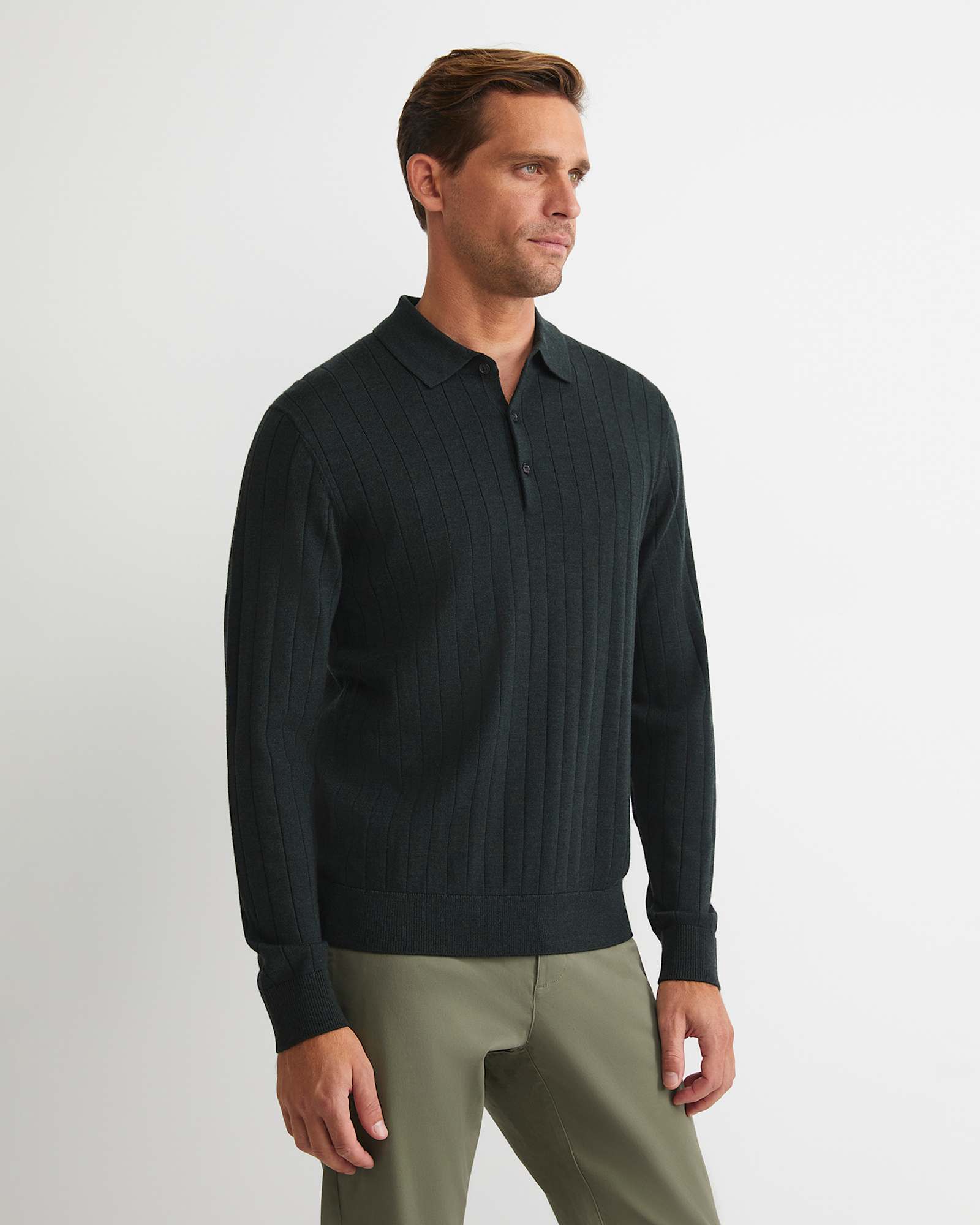 Angus Merino Long Sleeve Knit Polo in FOREST