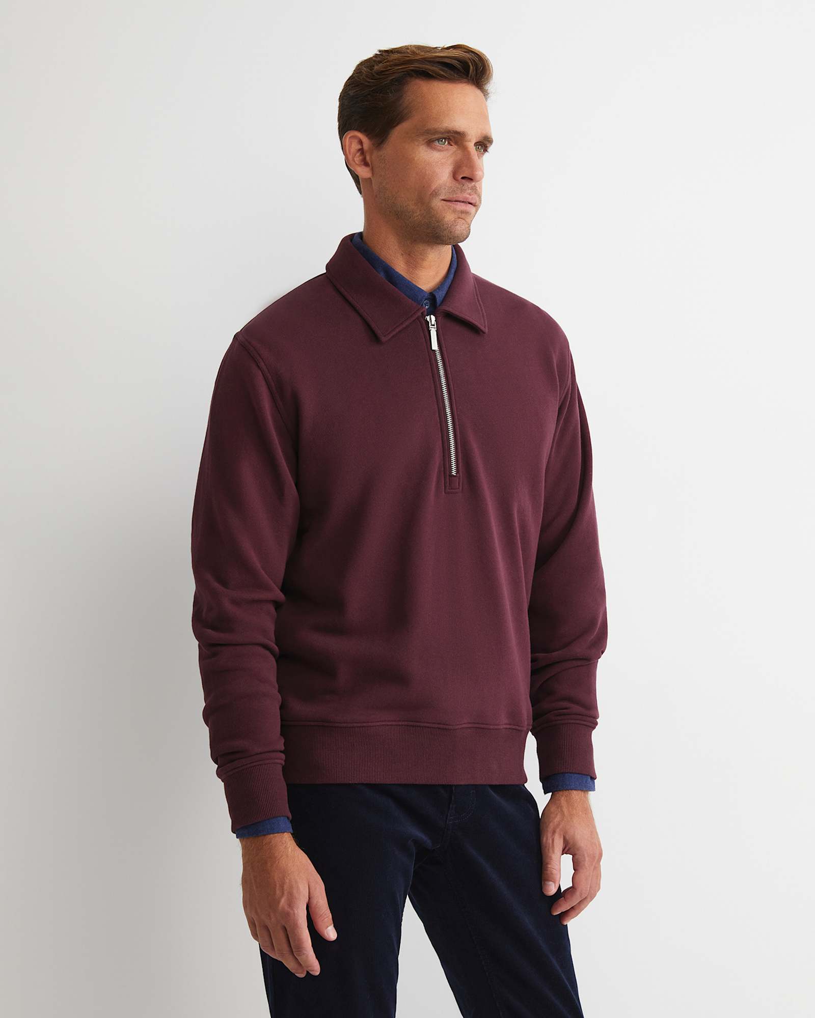 Collared Zip Sweat in BURGUNDY