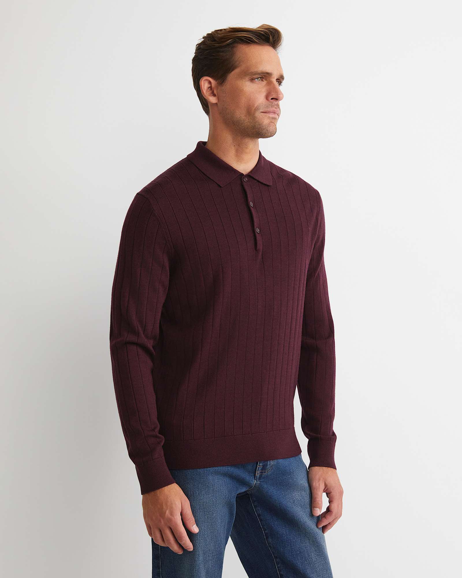 Angus Merino Long Sleeve Knit Polo in BURGUNDY