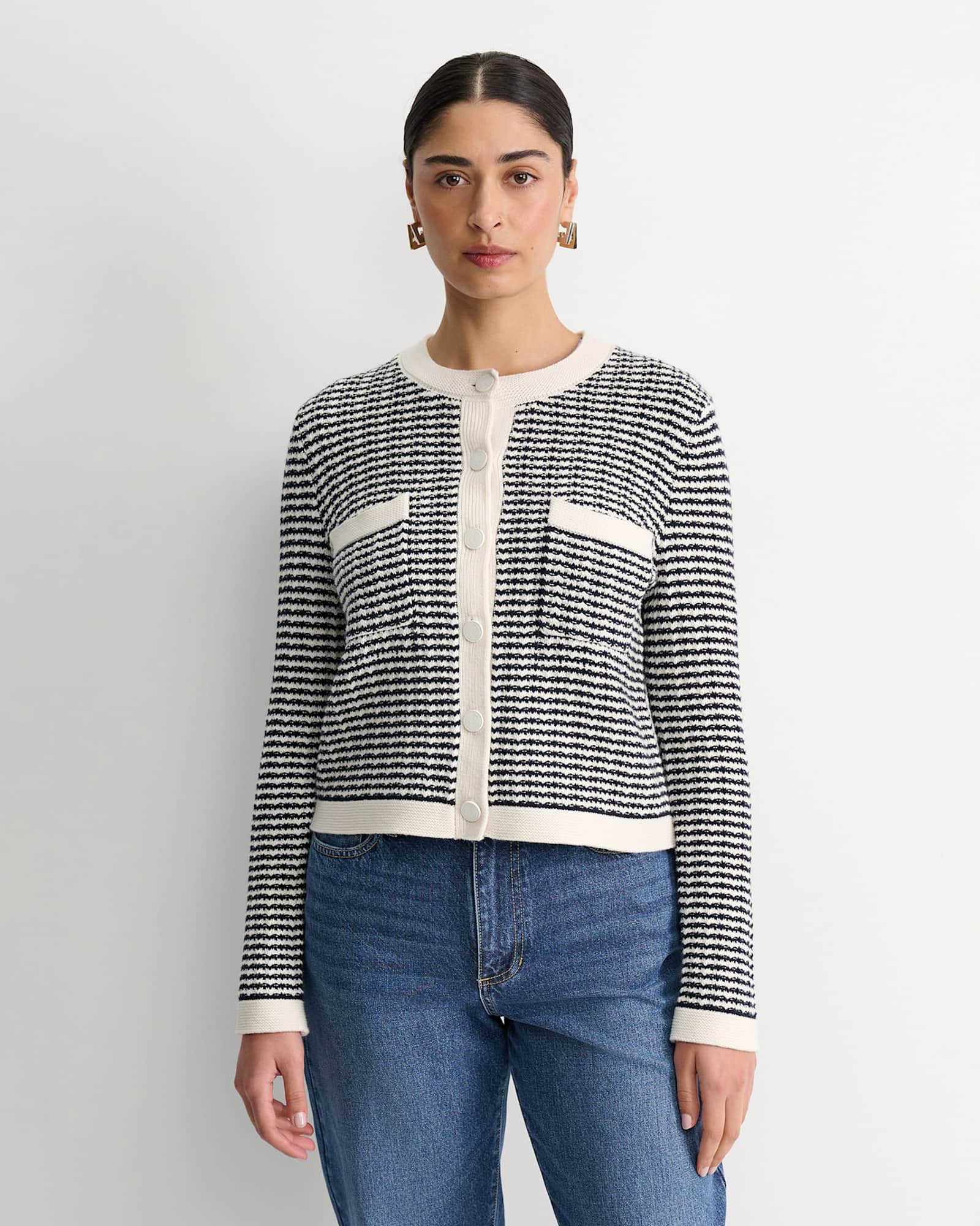 Wool Cotton Lady Jacket in WHITE/NAVY