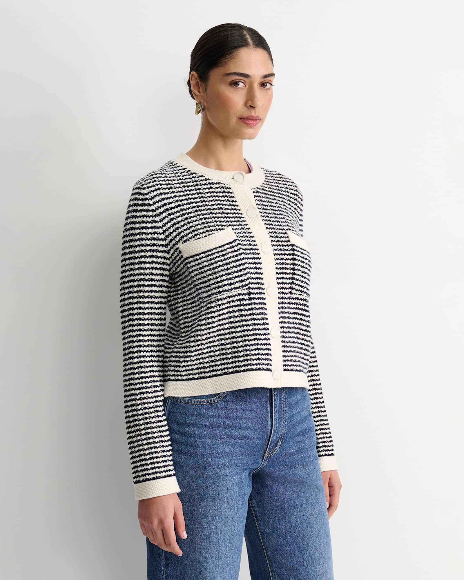 Wool Cotton Lady Jacket in WHITE/NAVY
