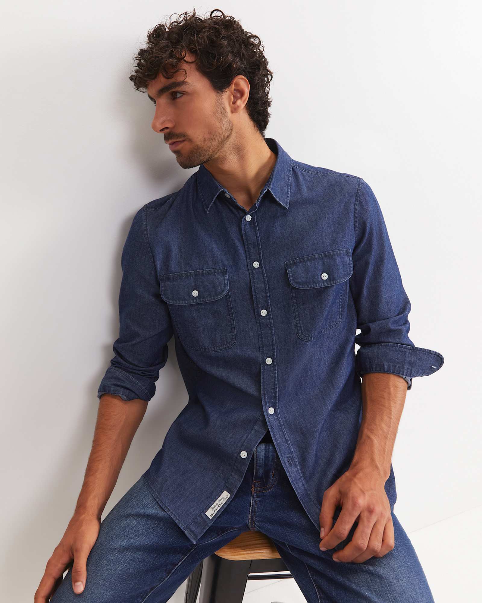 Long Sleeve Denim Shirt in MID WASH