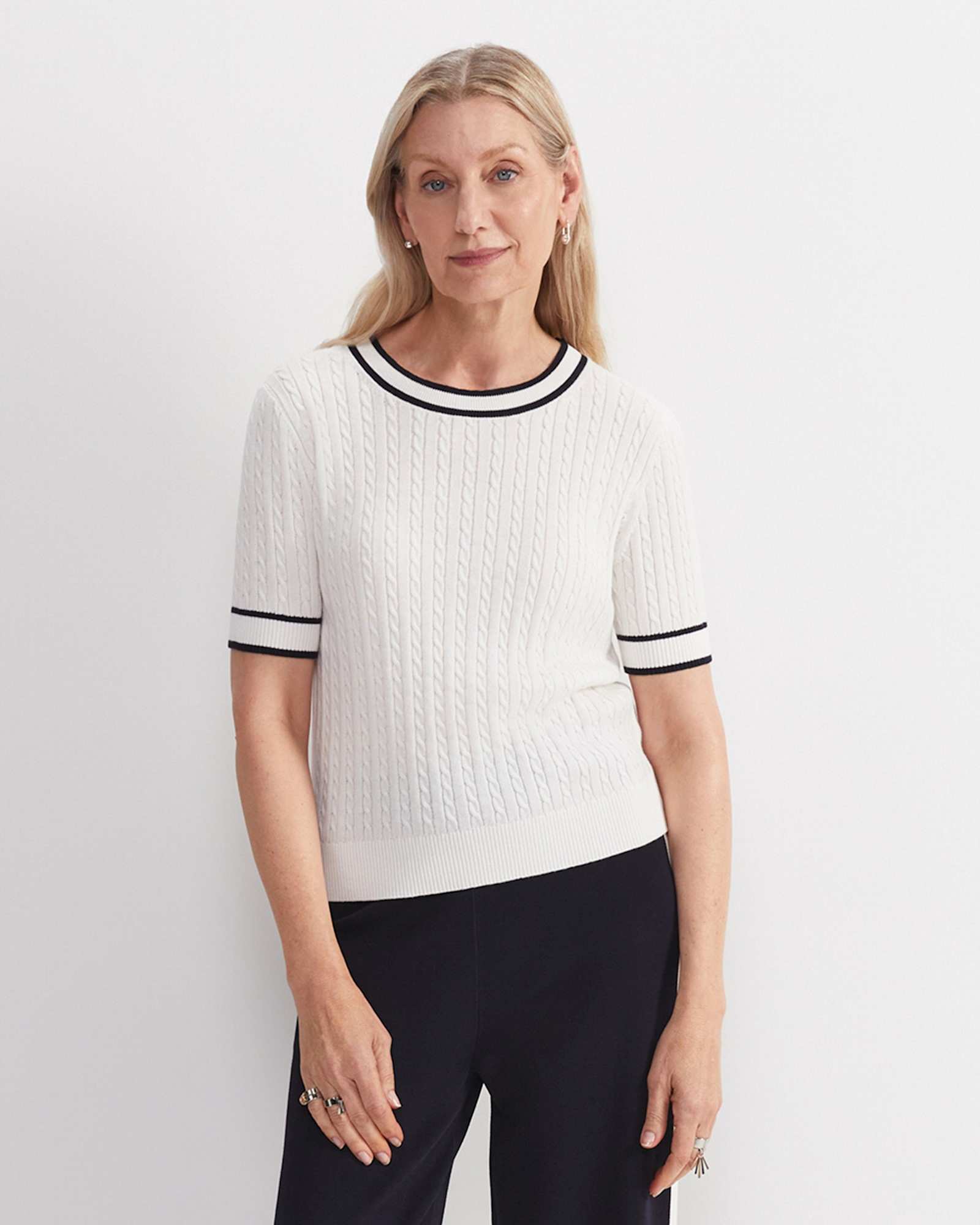 Elka Cable Short Sleeve Knit in WHITE/NAVY