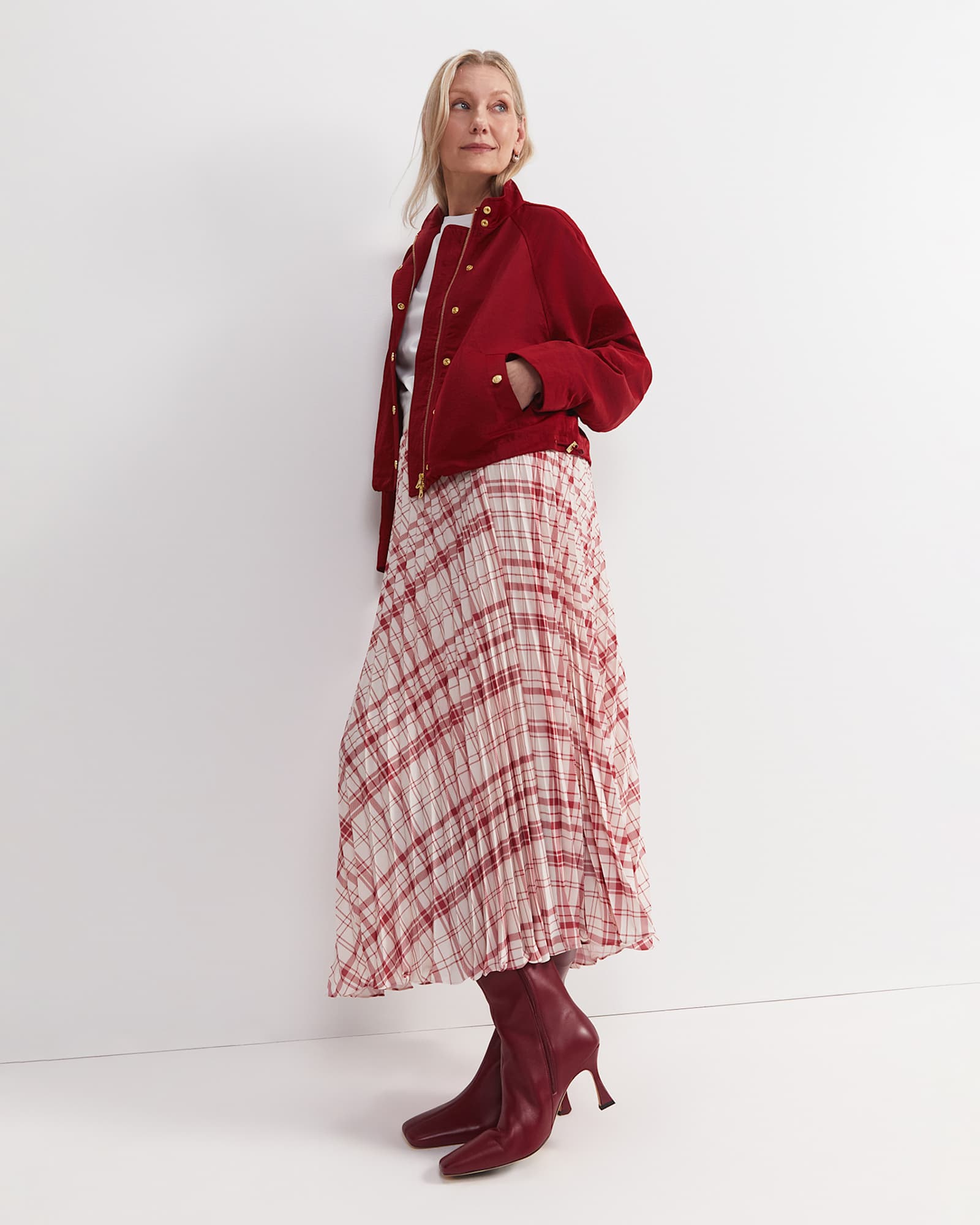 Ruby Check Pleat Maxi Skirt in WHITE/RED