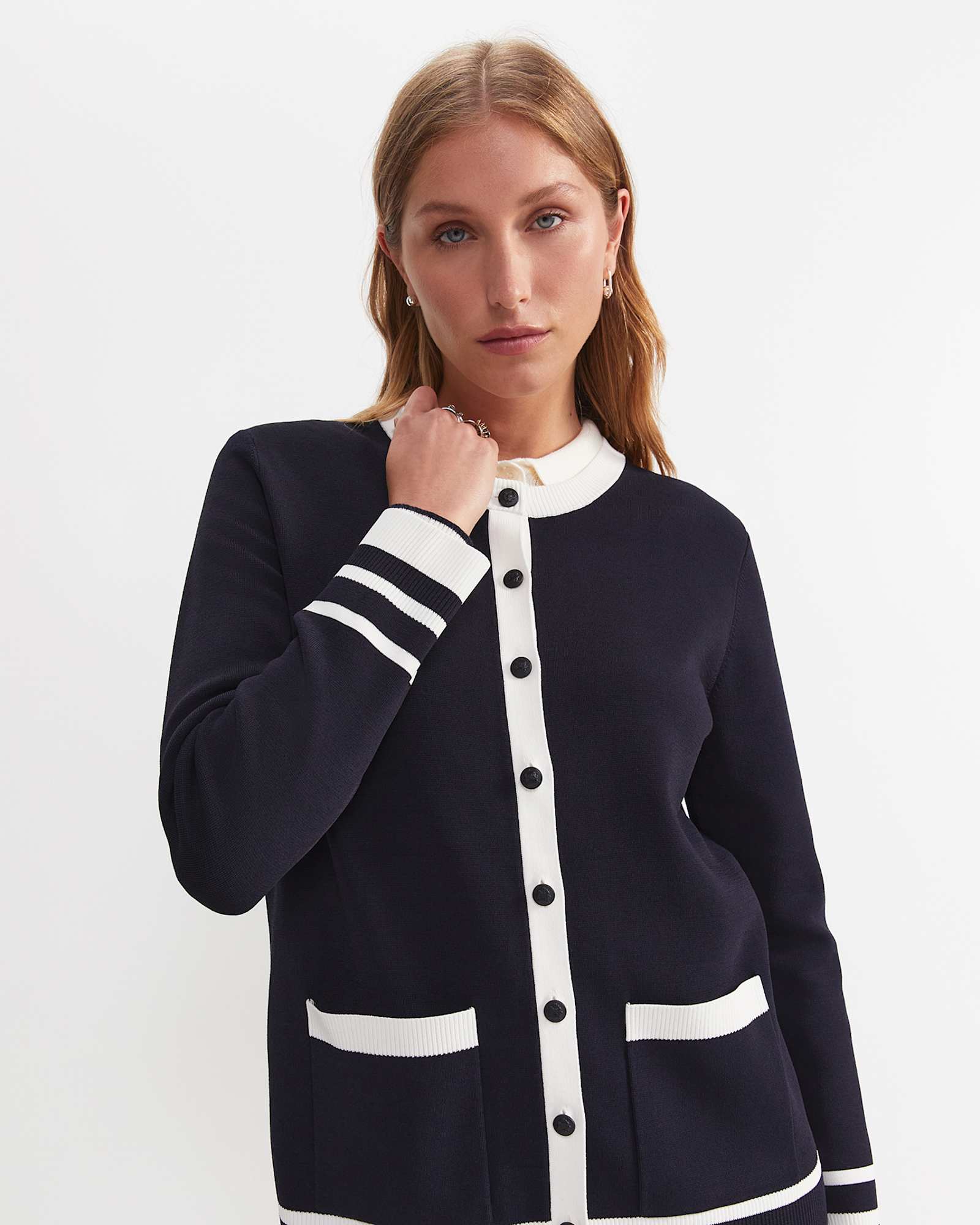 Maxine Milano Long Cardigan in NAVY/WHITE
