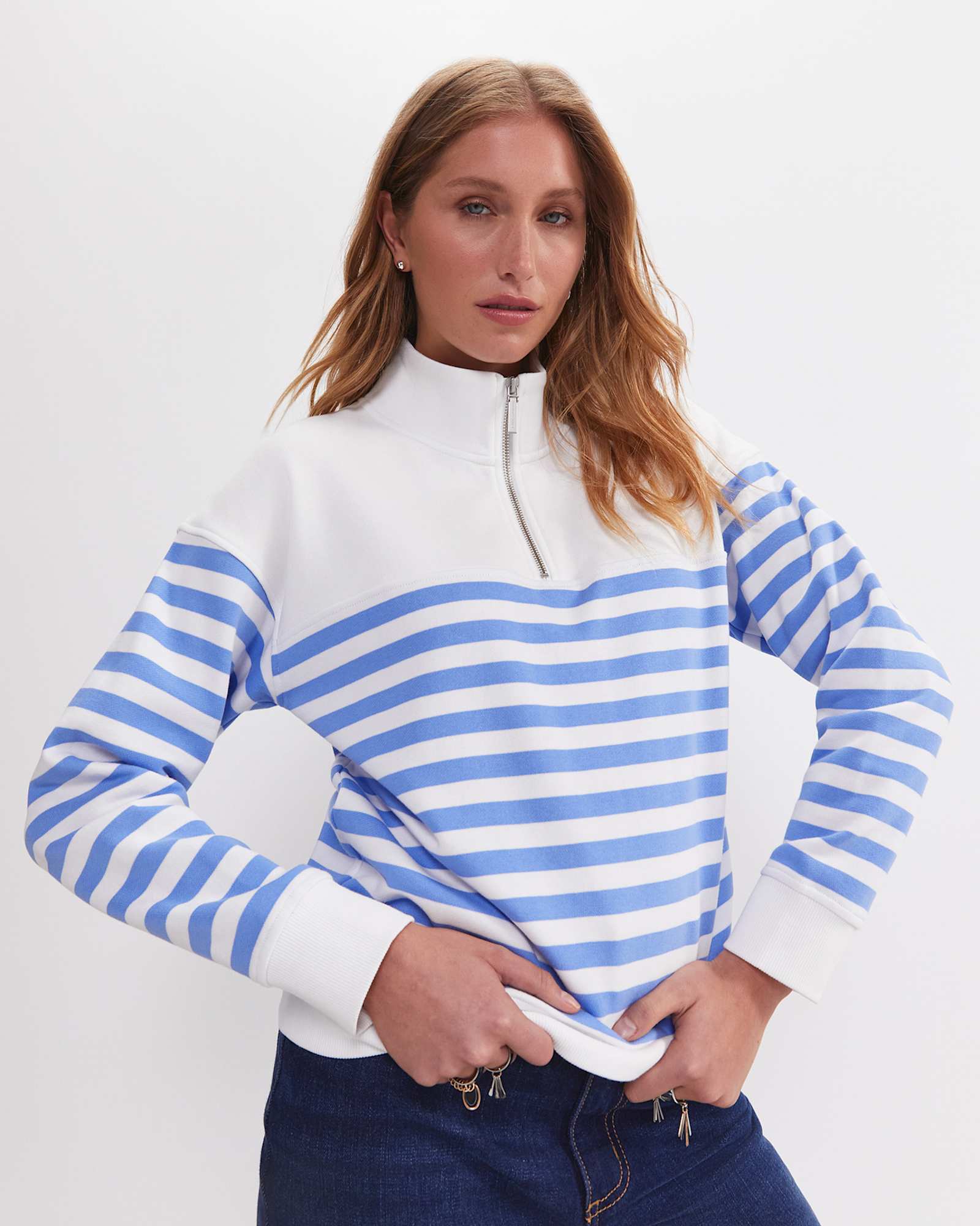 SC Stripe Quarter Zip Sweat in IVORY/BLUE