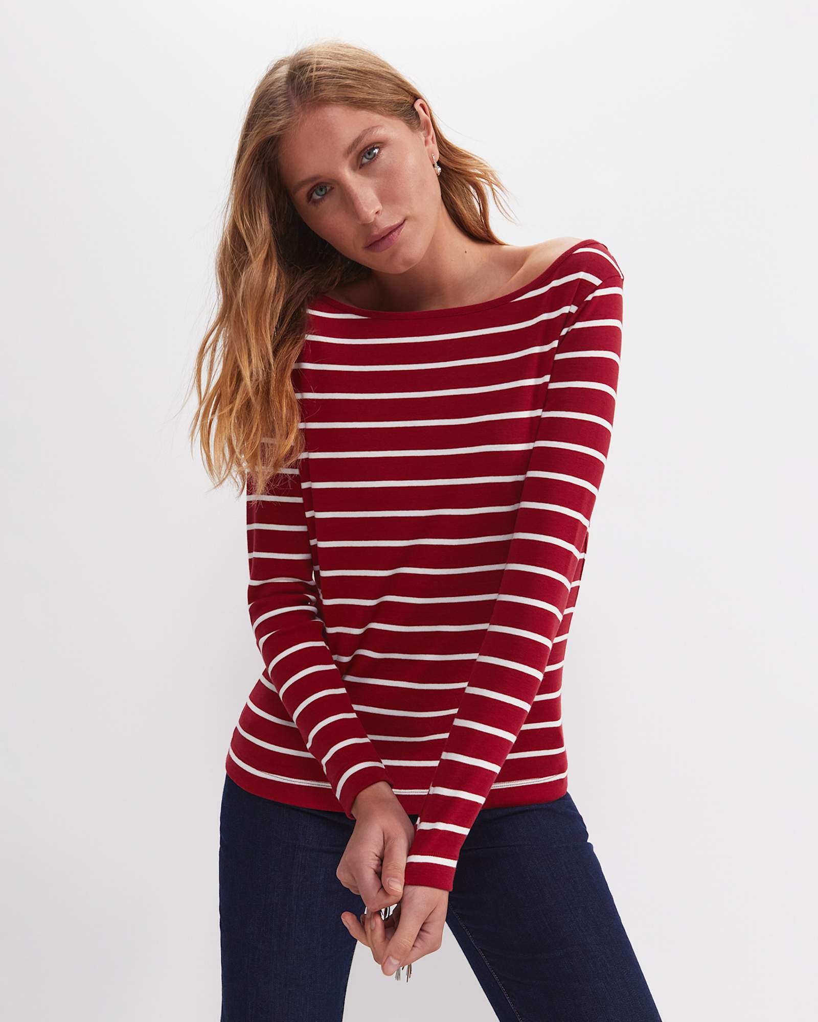 Heidi Long Sleeve Rib Tee in RED/WHITE