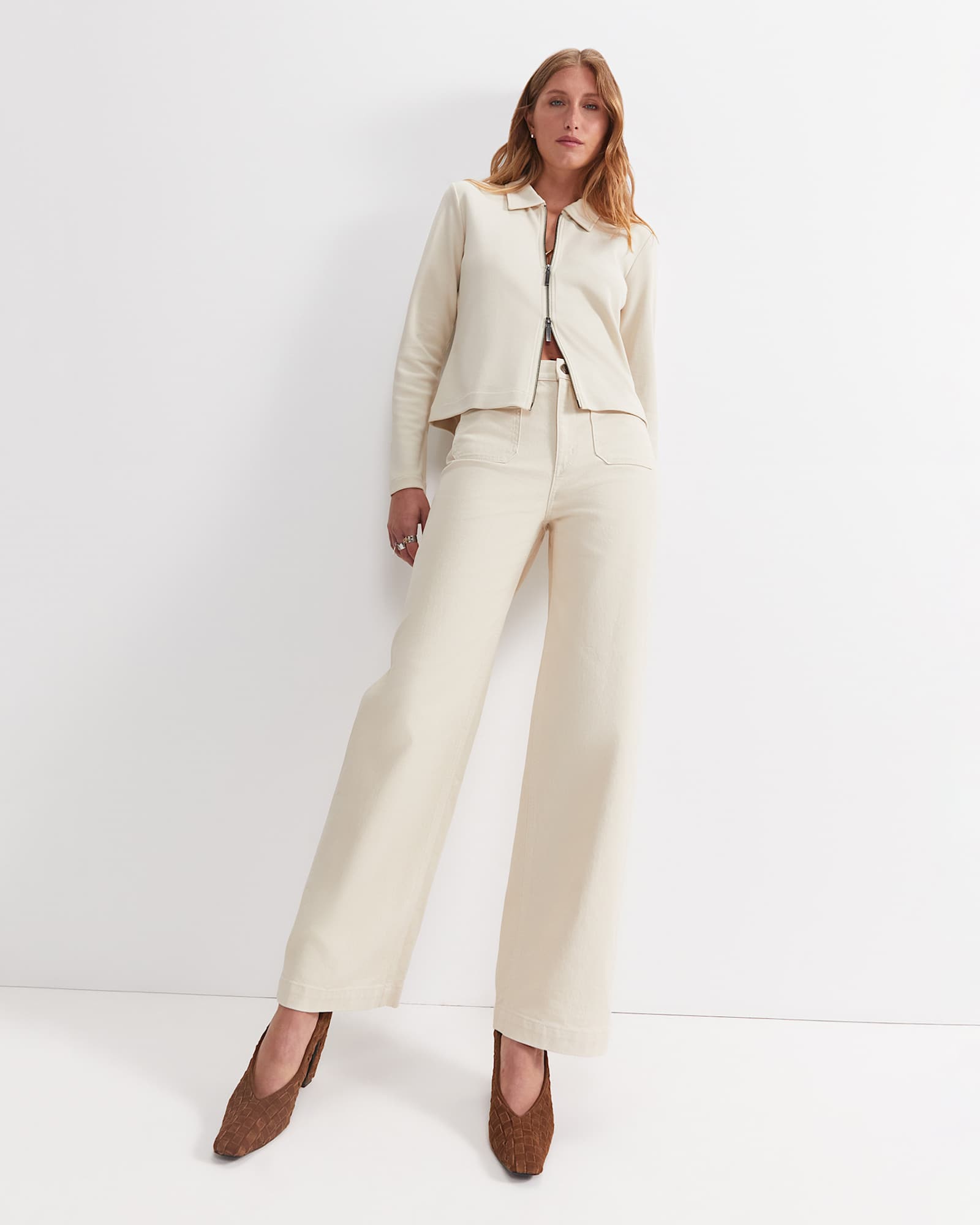 Long Sleeve Zip Through Top in BONE