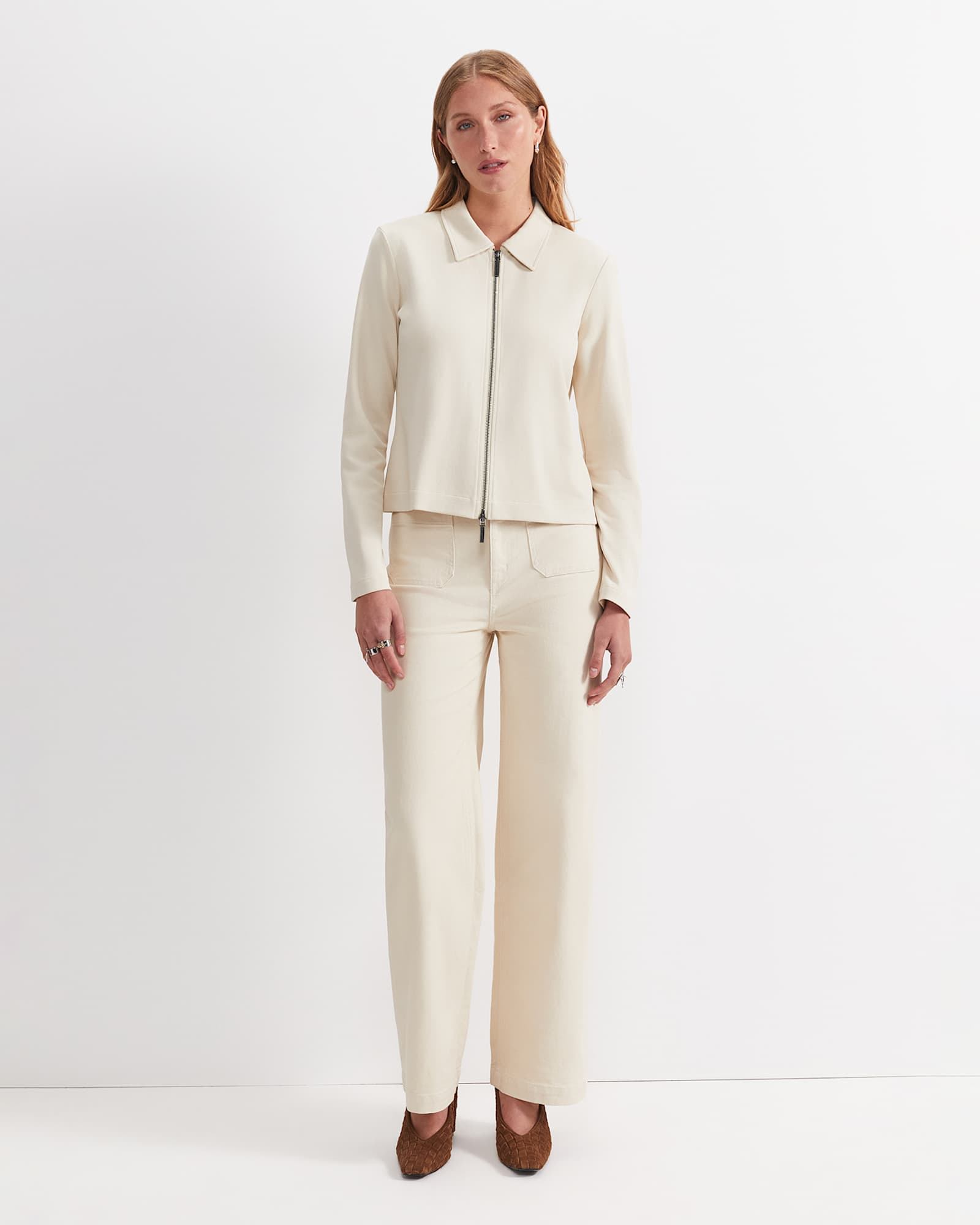 Long Sleeve Zip Through Top in BONE