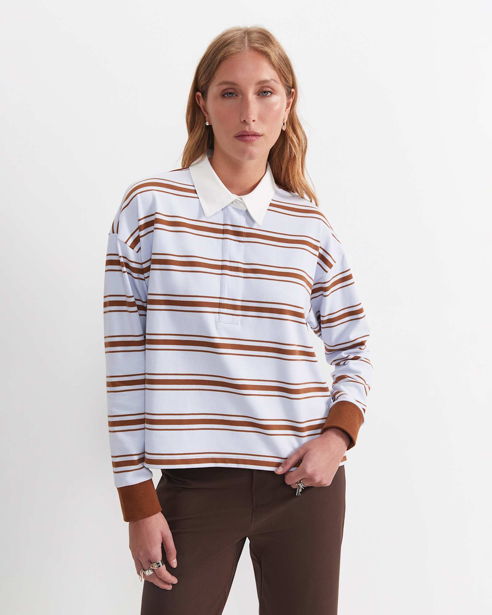 Jane Cropped Rugby Shirt in BLUE/BROWN