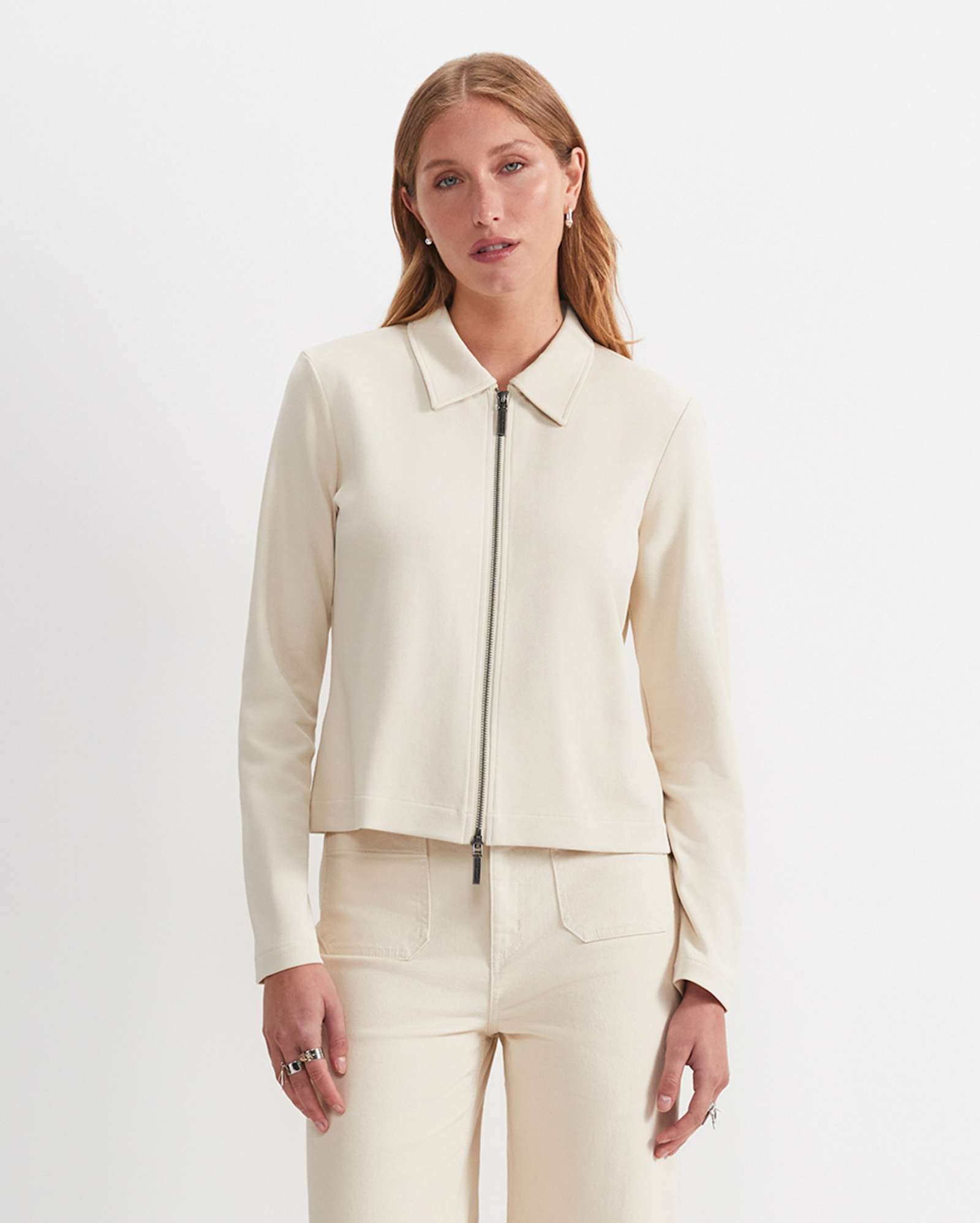 Long Sleeve Zip Through Top in BONE