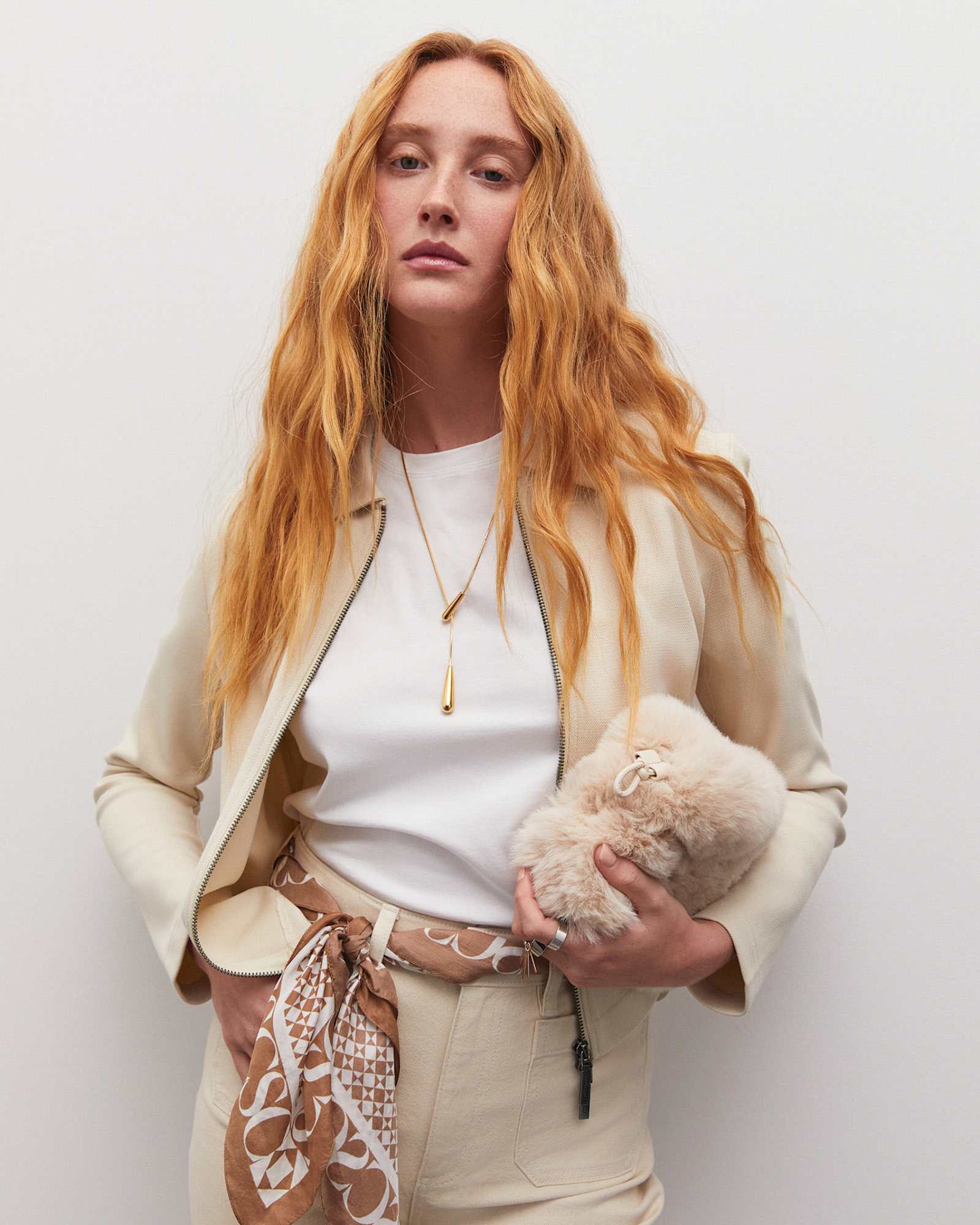 Long Sleeve Zip Through Top in BONE
