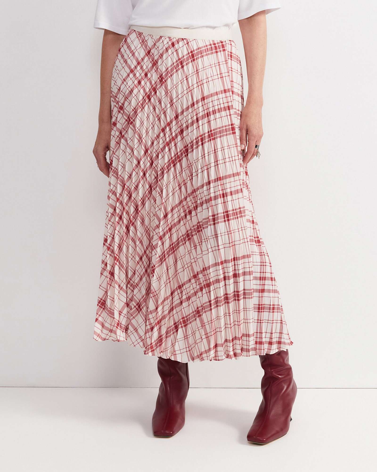 Ruby Check Pleat Maxi Skirt in WHITE/RED