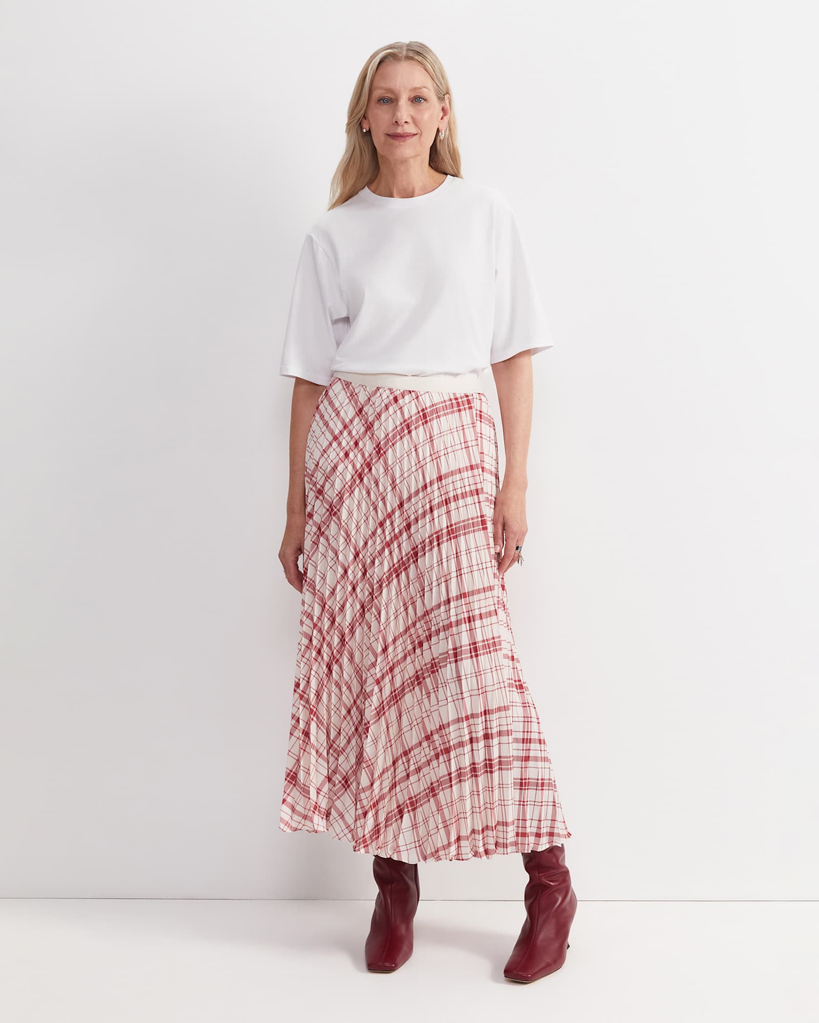Ruby Check Pleat Maxi Skirt in WHITE/RED
