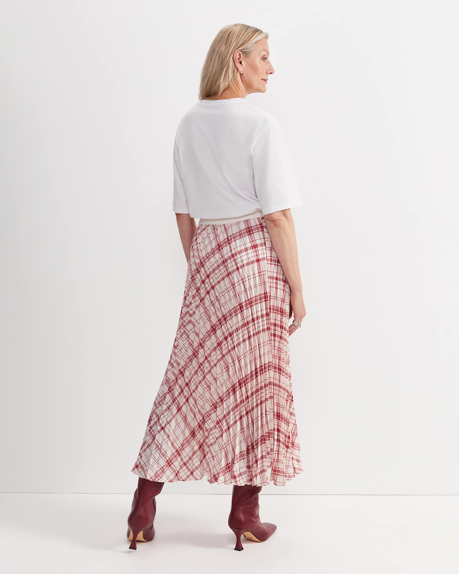 Ruby Check Pleat Maxi Skirt in WHITE/RED