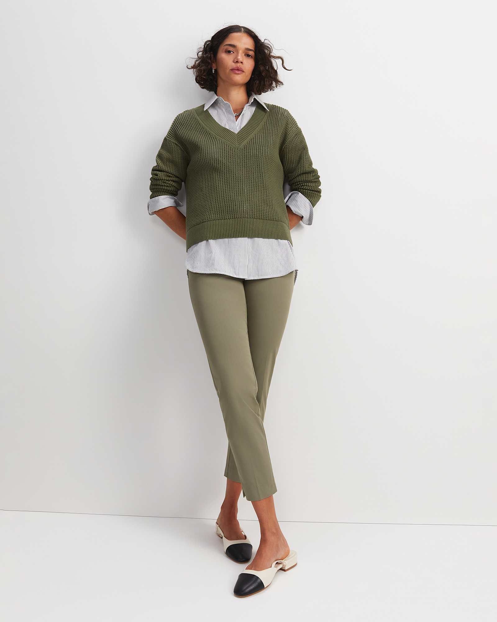 Cotton Crochet V-Neck Knit in KHAKI