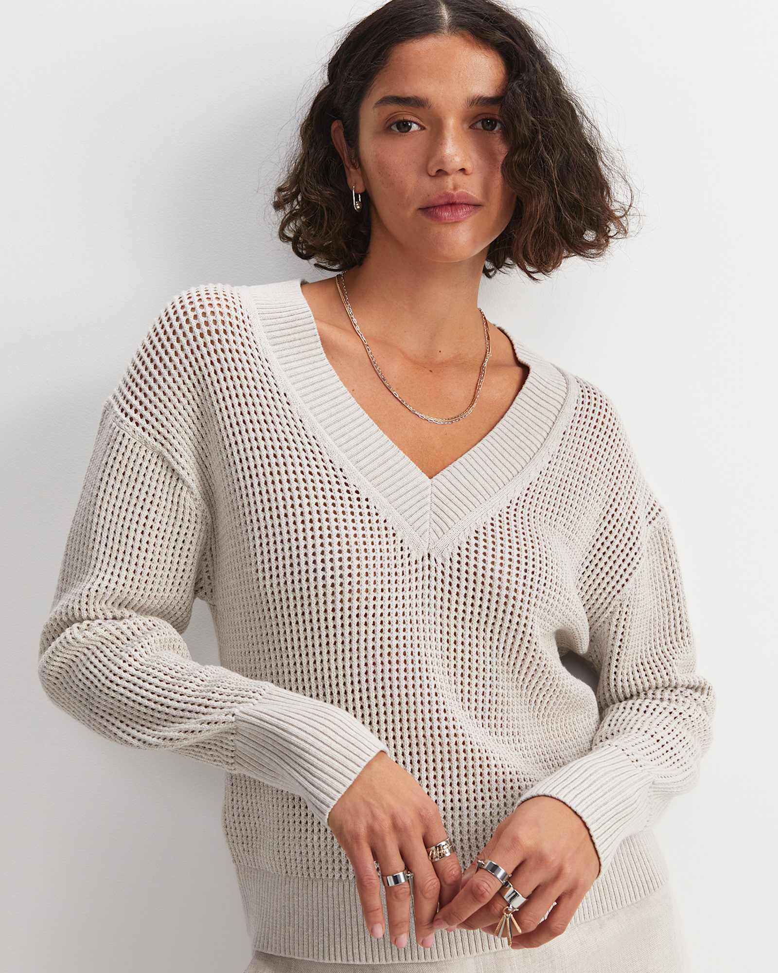 Cotton Crochet V-Neck Knit in STRING