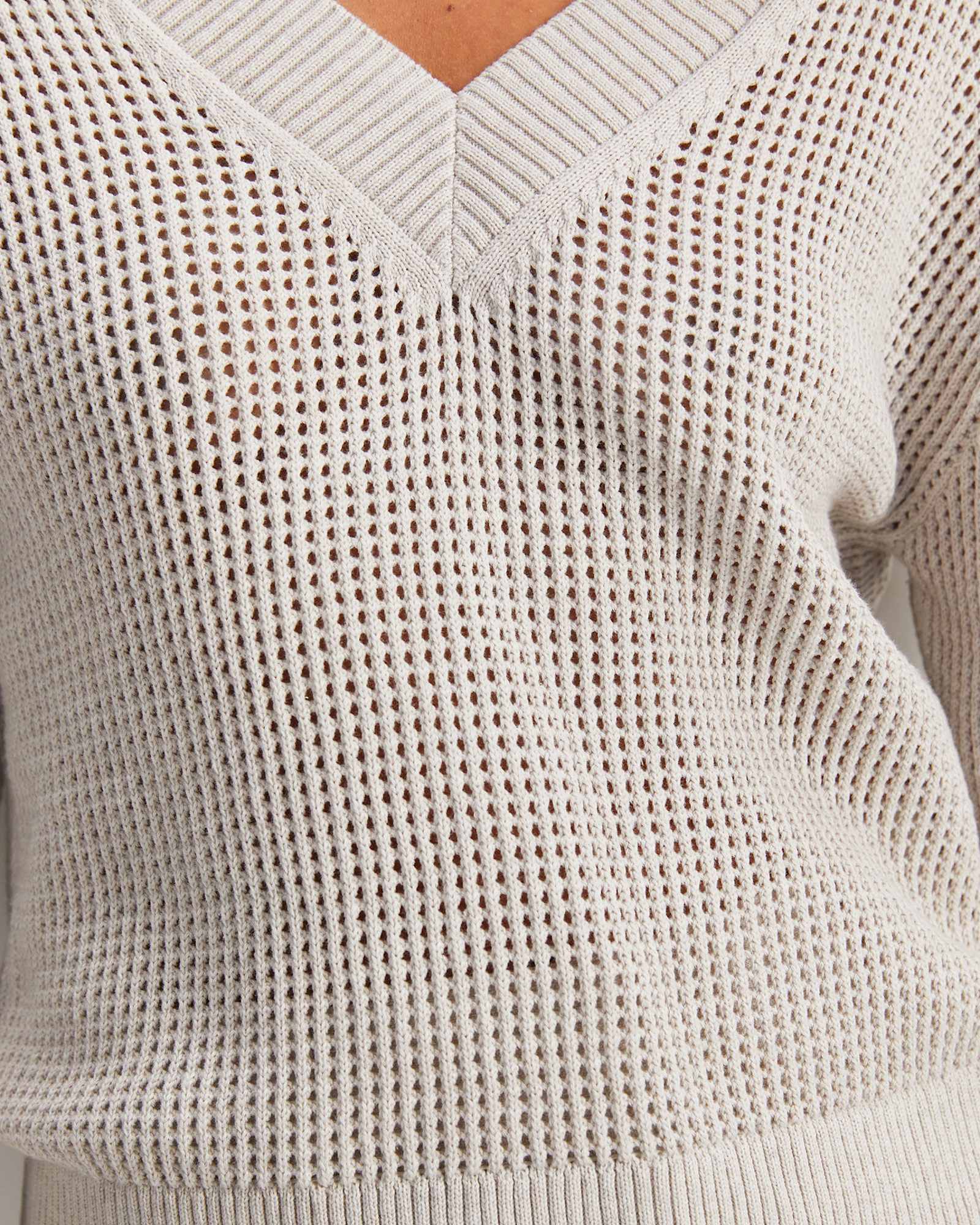 Cotton Crochet V-Neck Knit in STRING