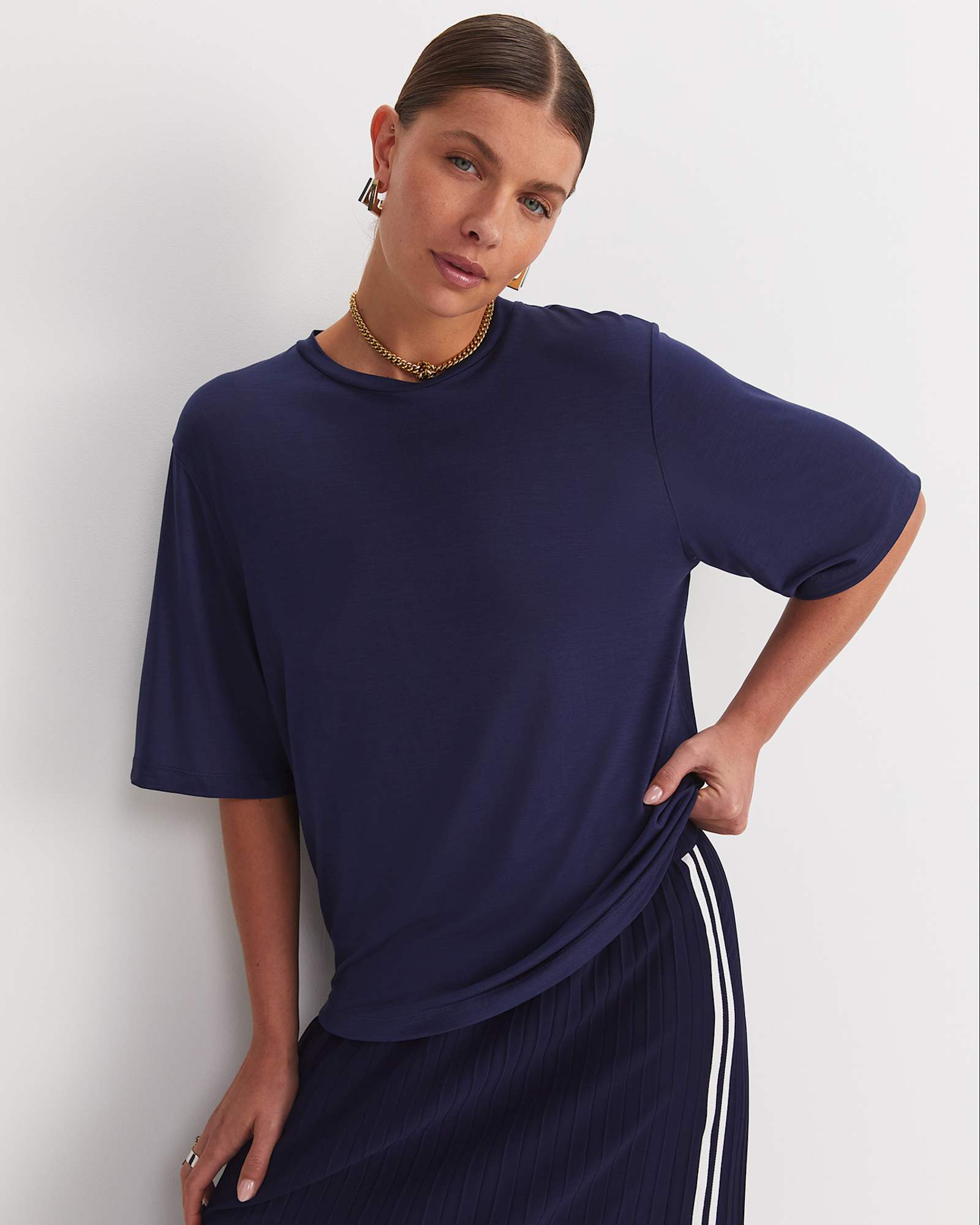 Sylvie Draped Jersey Top in NAVY
